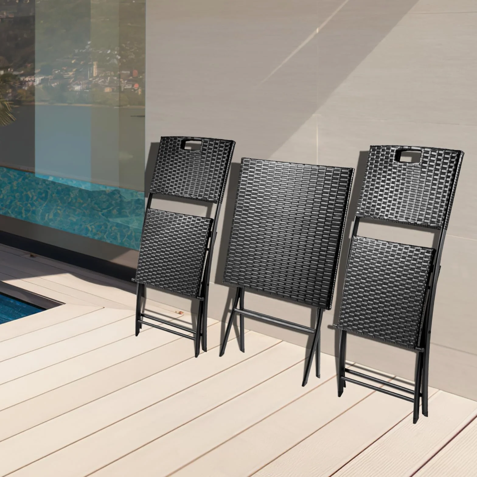 LIFERUN Juego de Muebles de Balcón de 3 Piezas, Muebles de Jardín de Ratán Plegable, 1 Mesa y 2 Sillas, Conjunto de Bistró, Conjunto de Mesa y Sillas de Jardín, para Balcón y Patio, Negro