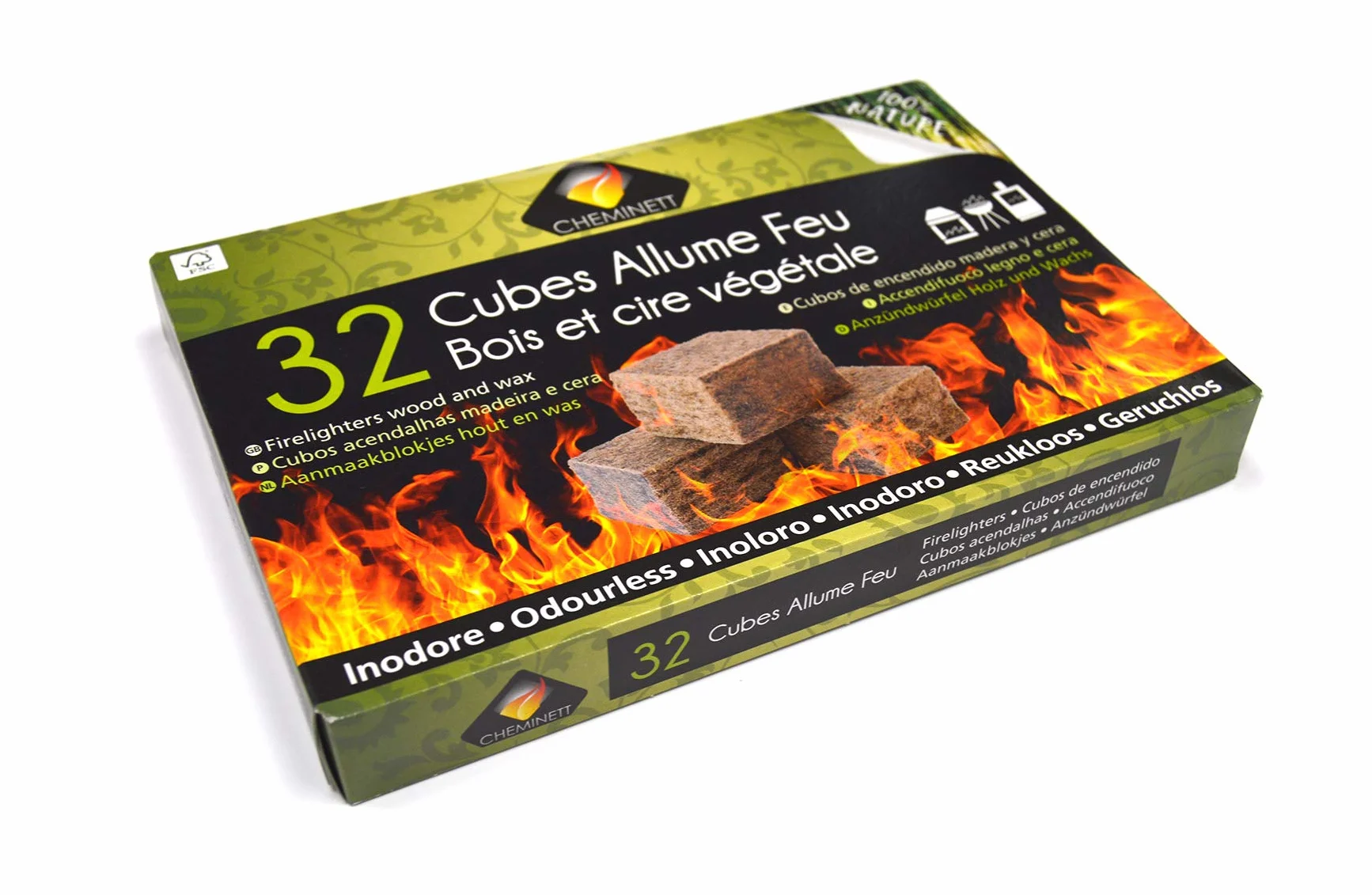 15751-32 Cubos Encendido precortados Cheminett naturales para encender chimeneas, estufas y barbacoas
