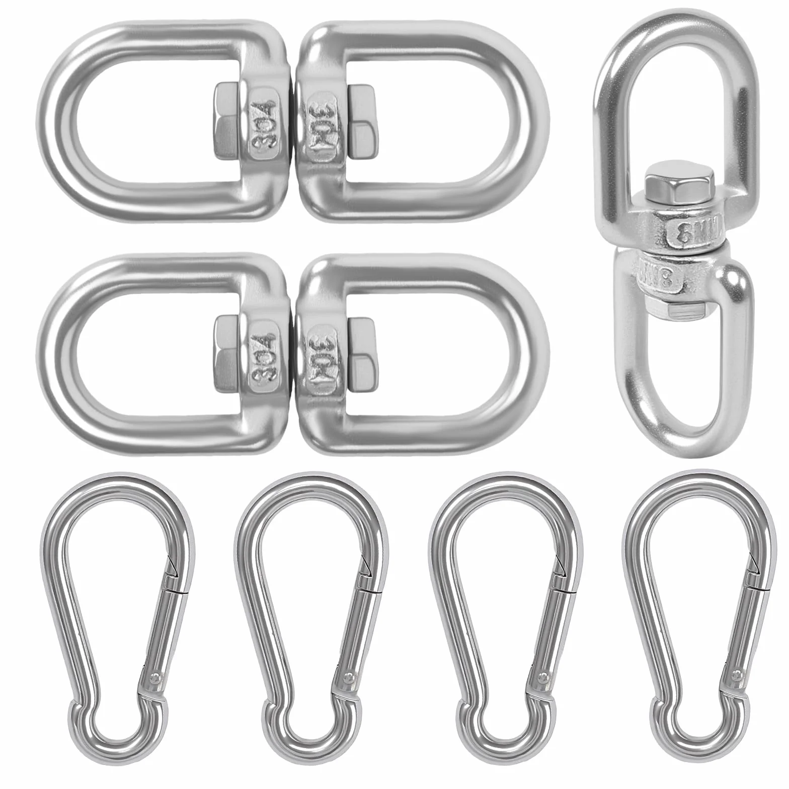 HFDONGL 2 Unidades Giratorio M8 con 4 mosquetones grandes 304 Acero Inoxidable Mosquetón giratorio Giratorio Suspensión Silla colgante para silla colgante Saco de boxeo Giratorio Barbacoa de árboles