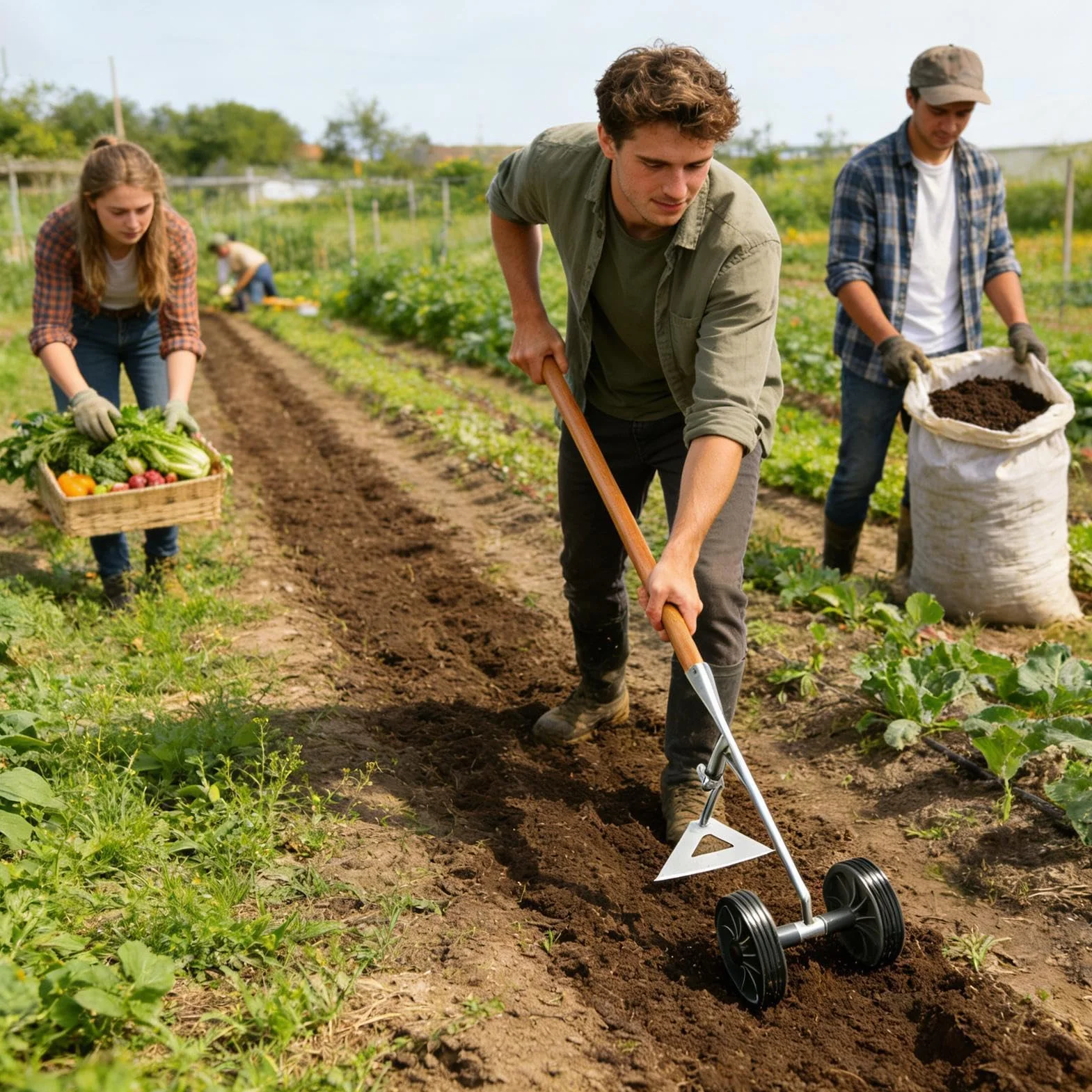 Azadas de jardín con Ruedas Dobles, 3 en 1 para aflojar/zanjar/desmalezar Herramientas de Azadas de Rueda empujadas a Mano, Herramientas de jardín manuales para plantación de jardinería
