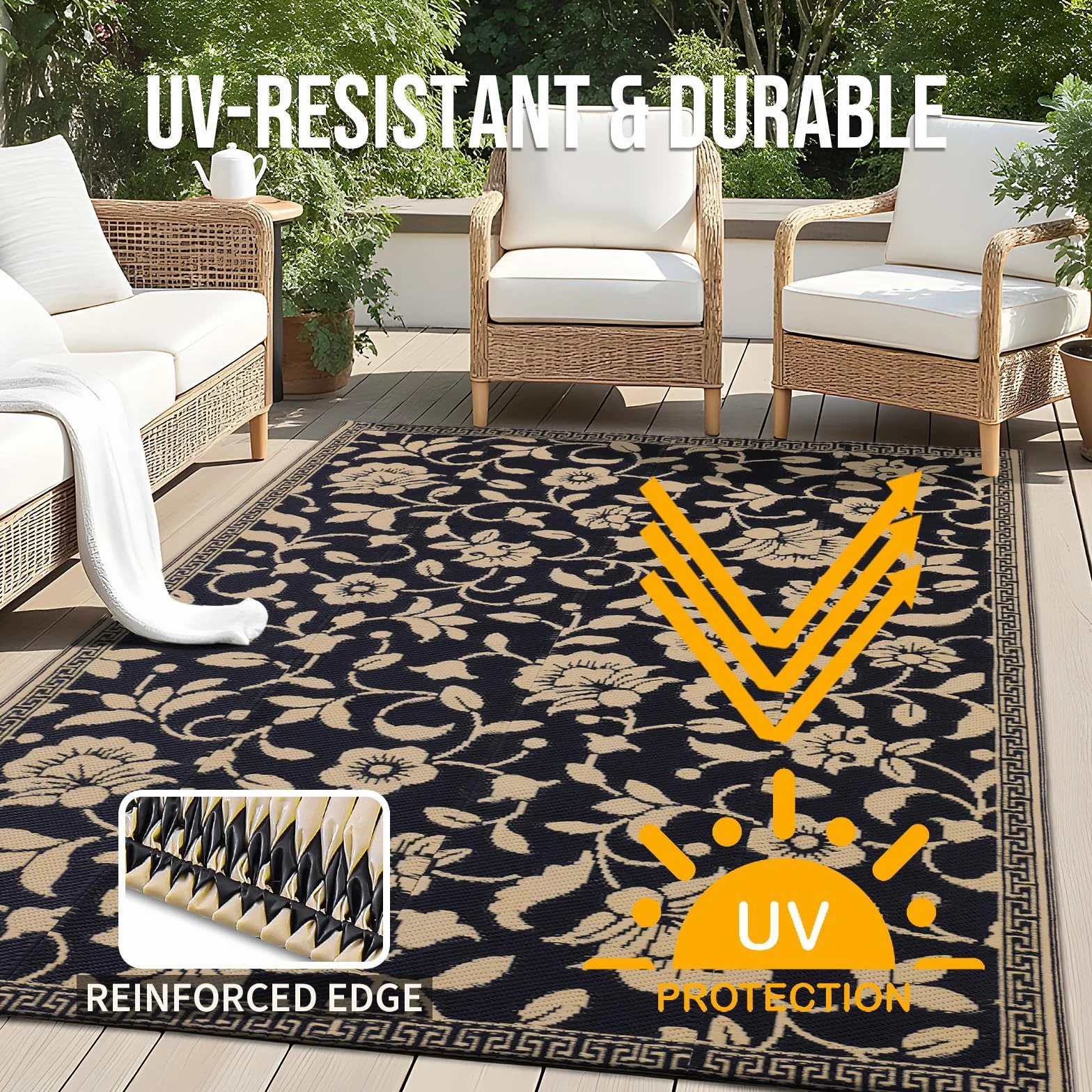 smiry Alfombra de jardín impermeable para exteriores, resistente a los rayos UV, alfombra reversible de paja de plástico para balcón, camping, picnic, patio trasero, 120 x 180 cm, negro y beige, flor