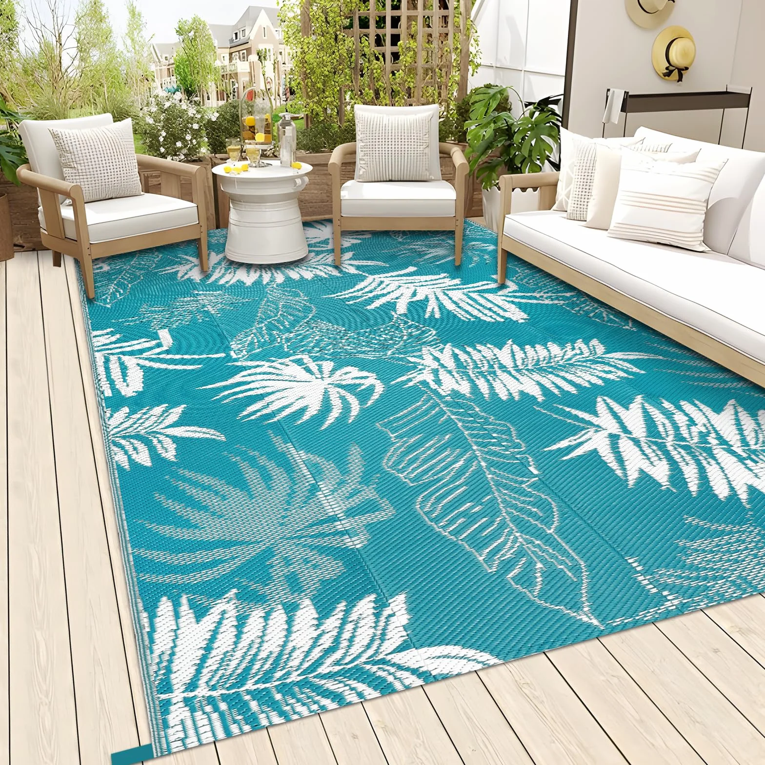 Falflor Alfombra reversible para exteriores, 150 x 245 cm, impermeable, grande, de plástico, ligera, para interiores y exteriores, alfombra de paja de plástico para camping, terraza, caravana, patio