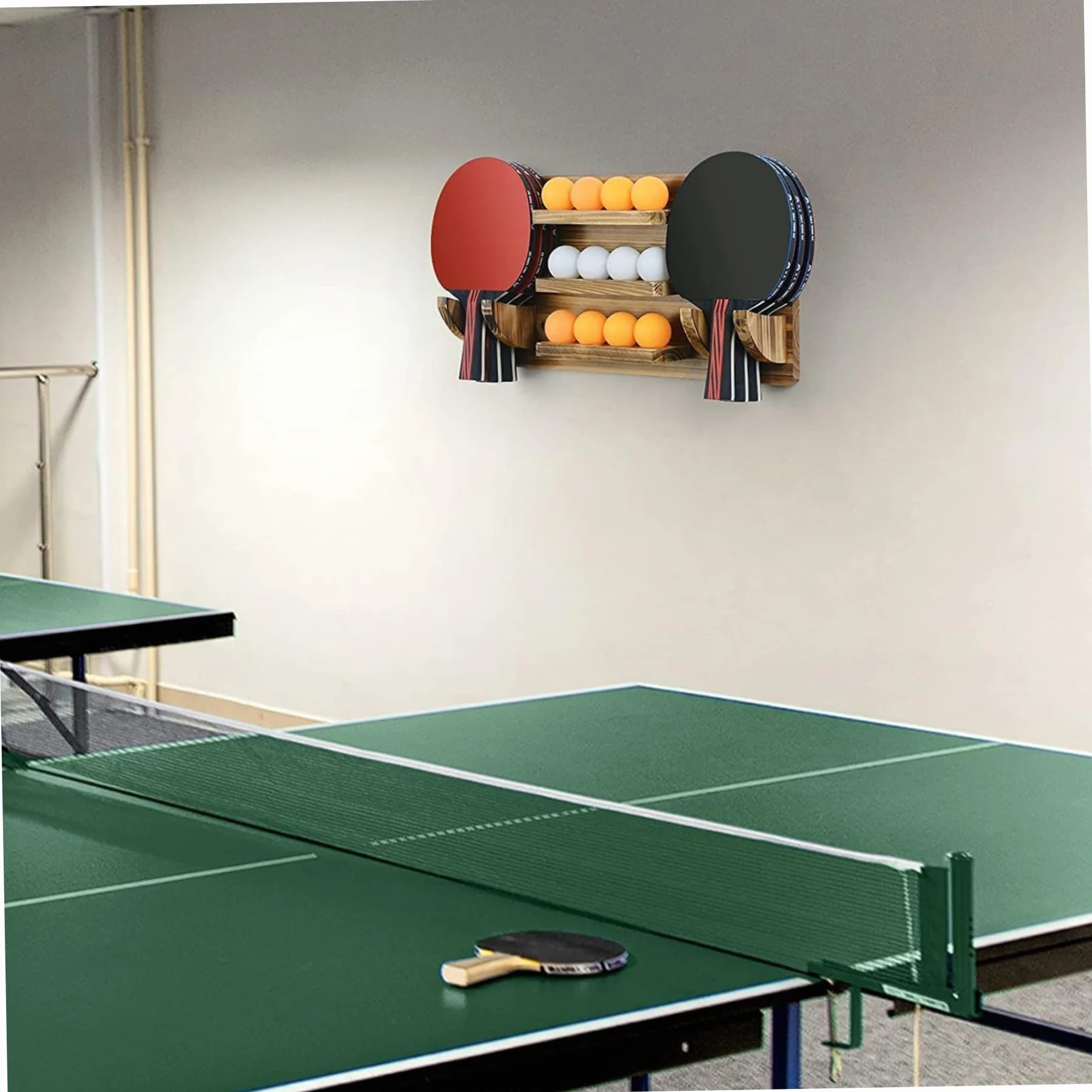 Soporte para paletas de ping-pong, estante de tenis de mesa montado en la pared, capacidad para 6 paletas y 12 pelotas, madera