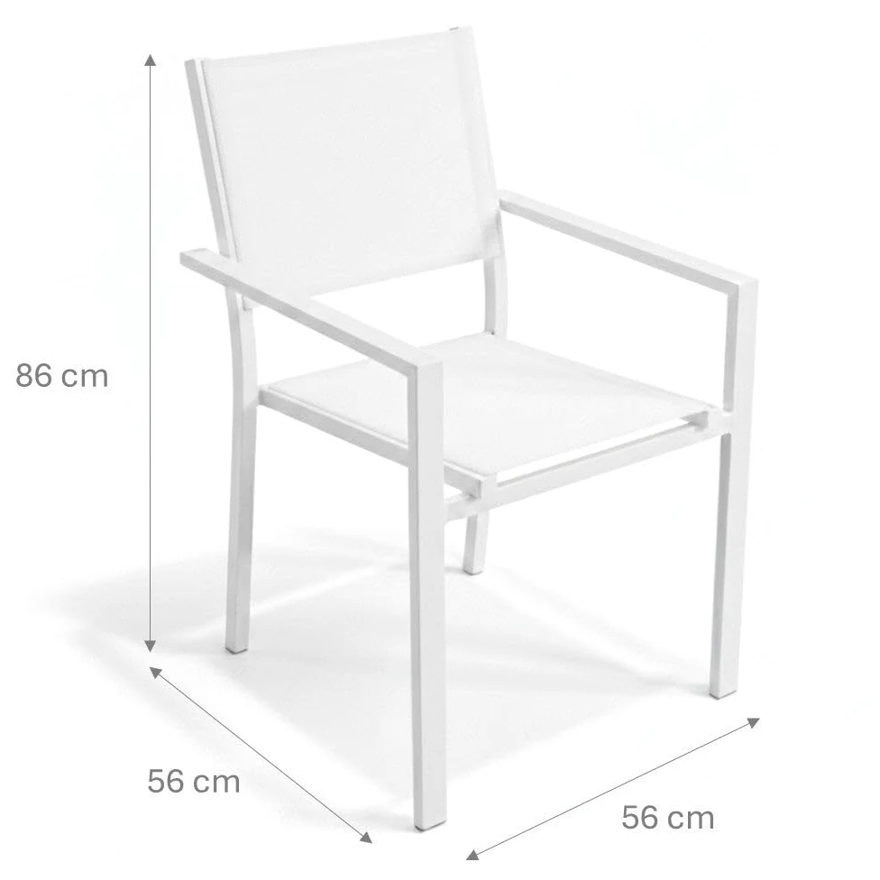 MONTY Set de 2 Sillas Thais de Aluminio Blanco y Textileno Blanco, Elegantes, Apilables, Ligeras y Resistentes, Tratamiento anticorrosión para Exteriores, de 56x56x86 cm