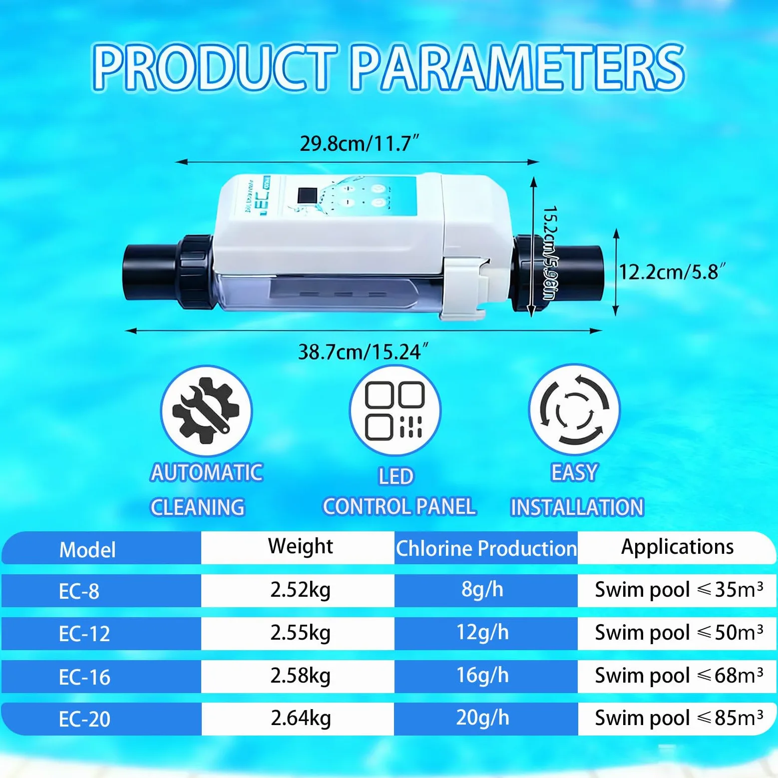 Dosificador Cloro Piscina Flotante, Flotador Cloro Piscina con Funcionamiento Sencillo, Dispensador para Piscinas Termales y de Hidroterapia, Panel LED 8g/h