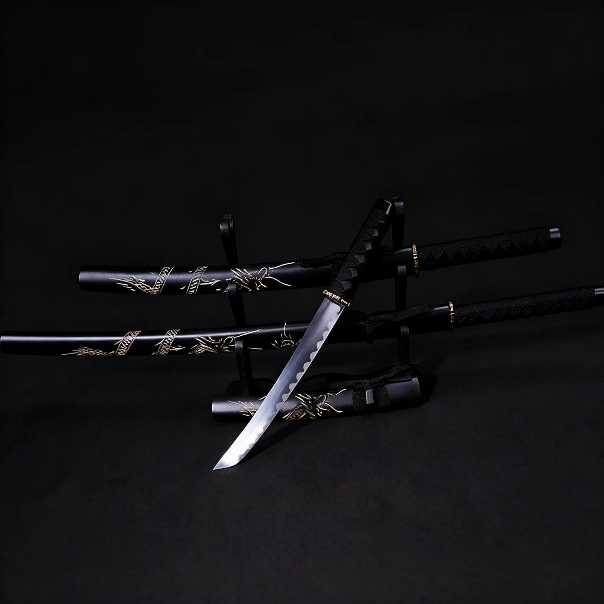 Set de katanas samurái Dragón Negro, juego de 3 espadas acero 1095 52/75/100 cm, entrenamiento y colección