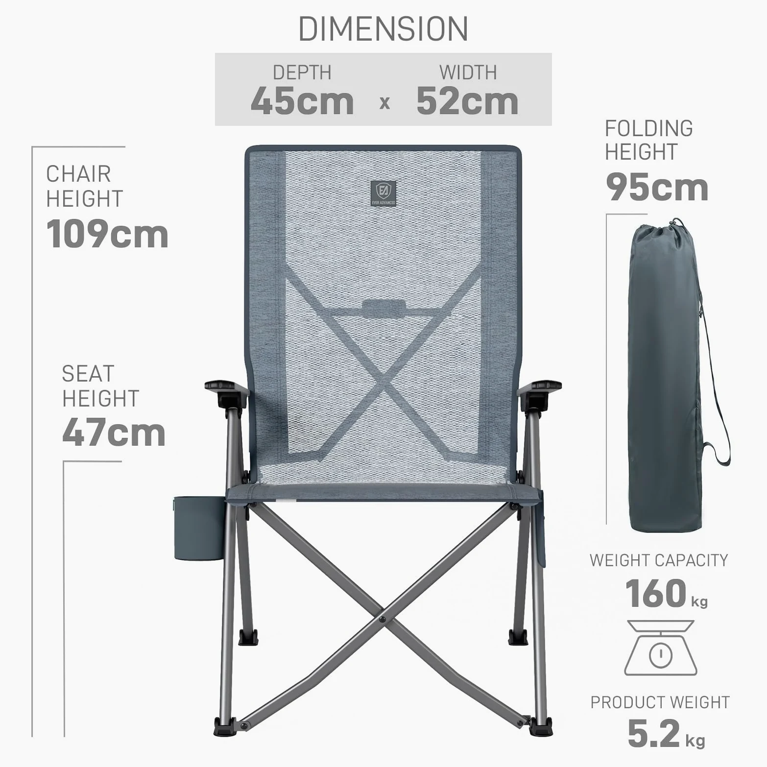 EVER ADVANCED Silla de Camping Plegable con Respaldo Ajustable en 4 Posiciones, Respaldo Alto hasta 160 kg, Silla de jardín de Malla con Bolsillo Lateral, Soporte para Bebidas, Silla de Pesca
