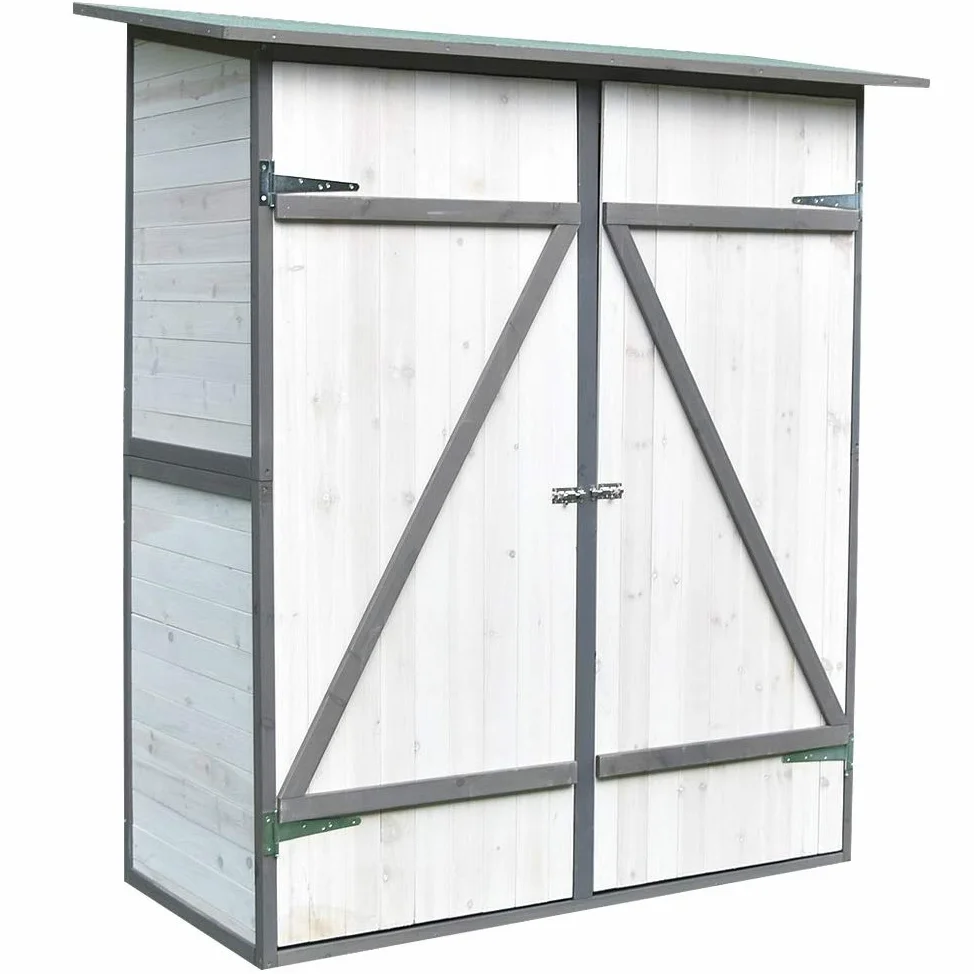 Melko Armario de jardín con techo reprimido y puerta de doble hoja blanco/gris, cobertizo de madera 162 x 140 x 75 cm, incluye estante