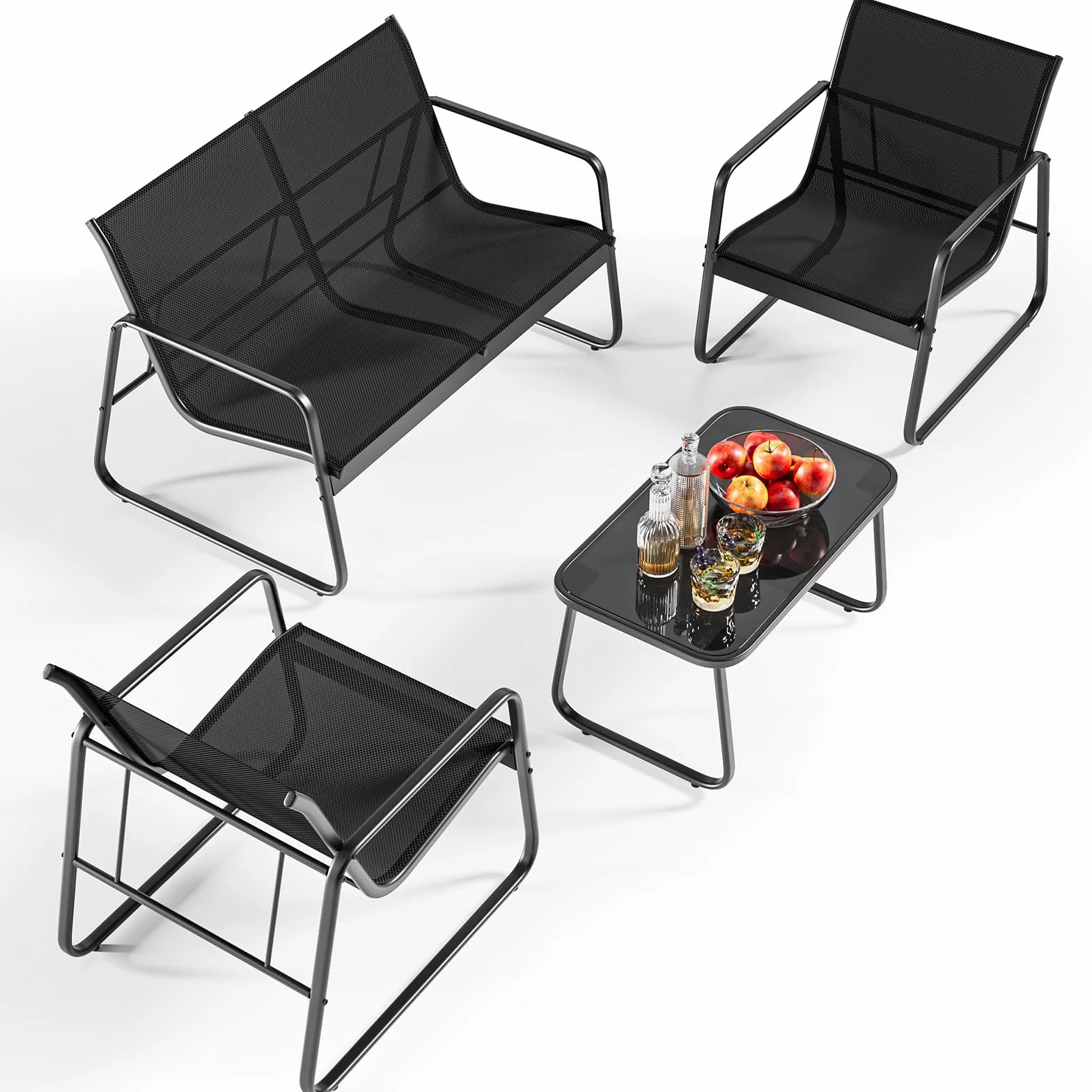 Bealife Conjunto de Muebles de Jardín 4 Piezas, Patio Tela Teslin, 3 Sillones y 1 Mesa de Vidrio, Negro