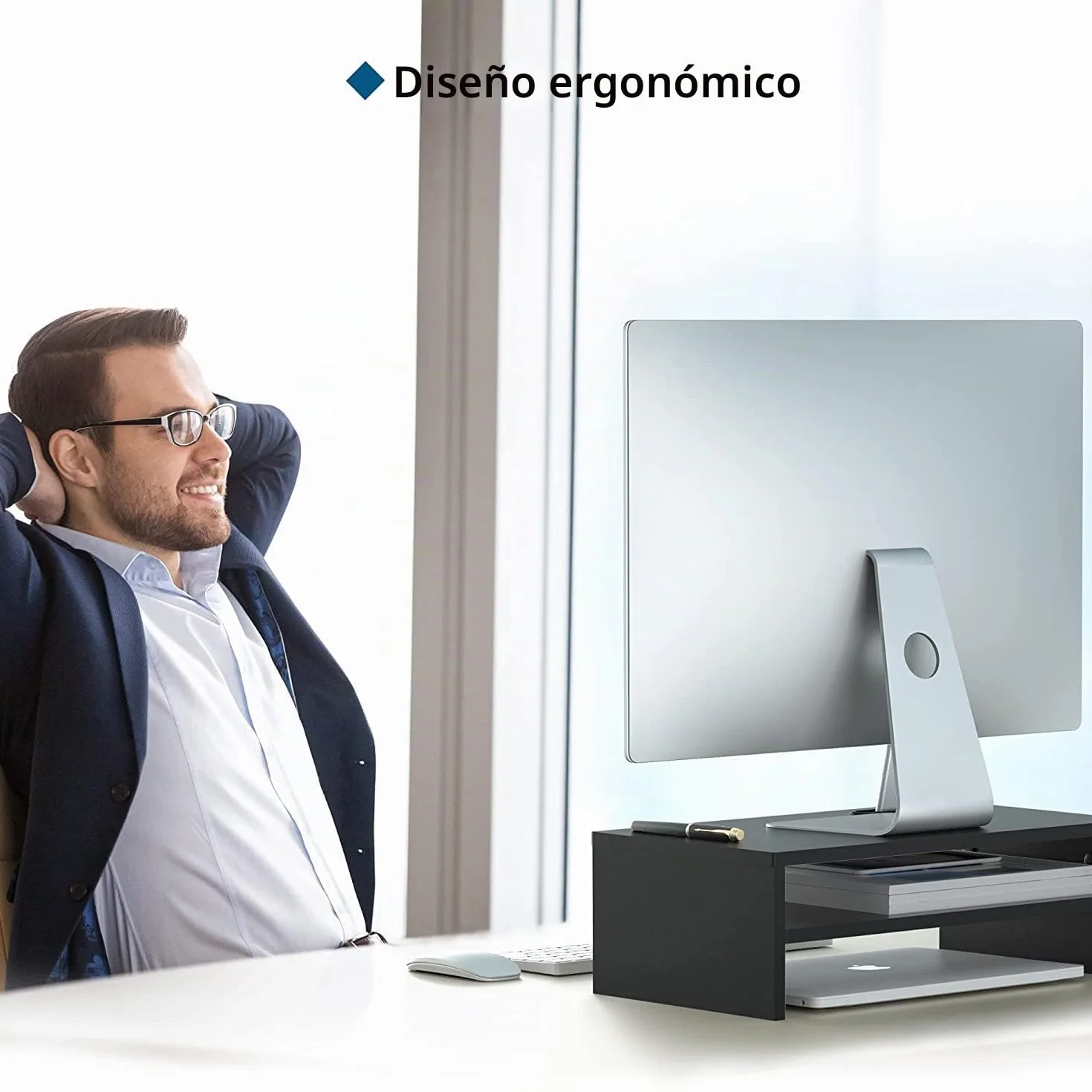 BONTEC Elevador Monitor Escritorio Madera, Soporte 2 Niveles Gestión Cables Ranura Móvil, 30 kg, Negro 420x235x142mm