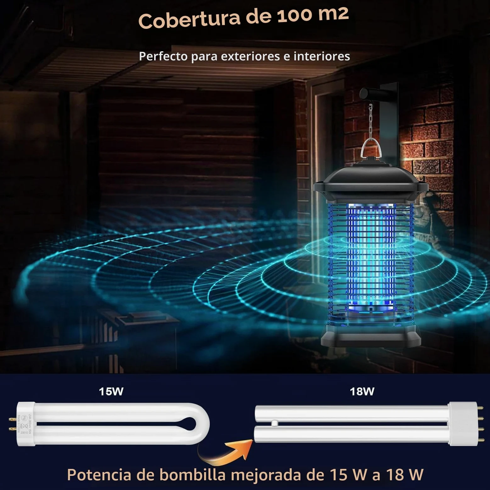 Lámpara Antimosquitos, 18W 4000V Potente Mata Insectos Eléctrico UV, Repelente De Mosquitos para Moscas Alcance 100m² Reducción Eficaz De Los Insectos Voladores para Patio Jardines Patio Trasero