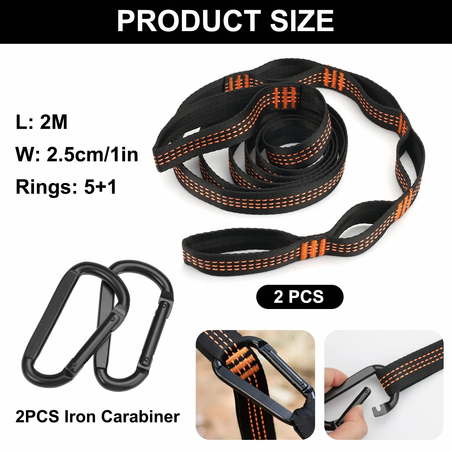 Correas de Suspensión para Hamaca 2m x 2,5cm con Mosquetones Resistentes - Kit de Fijación para Árboles, Camping y Columpio