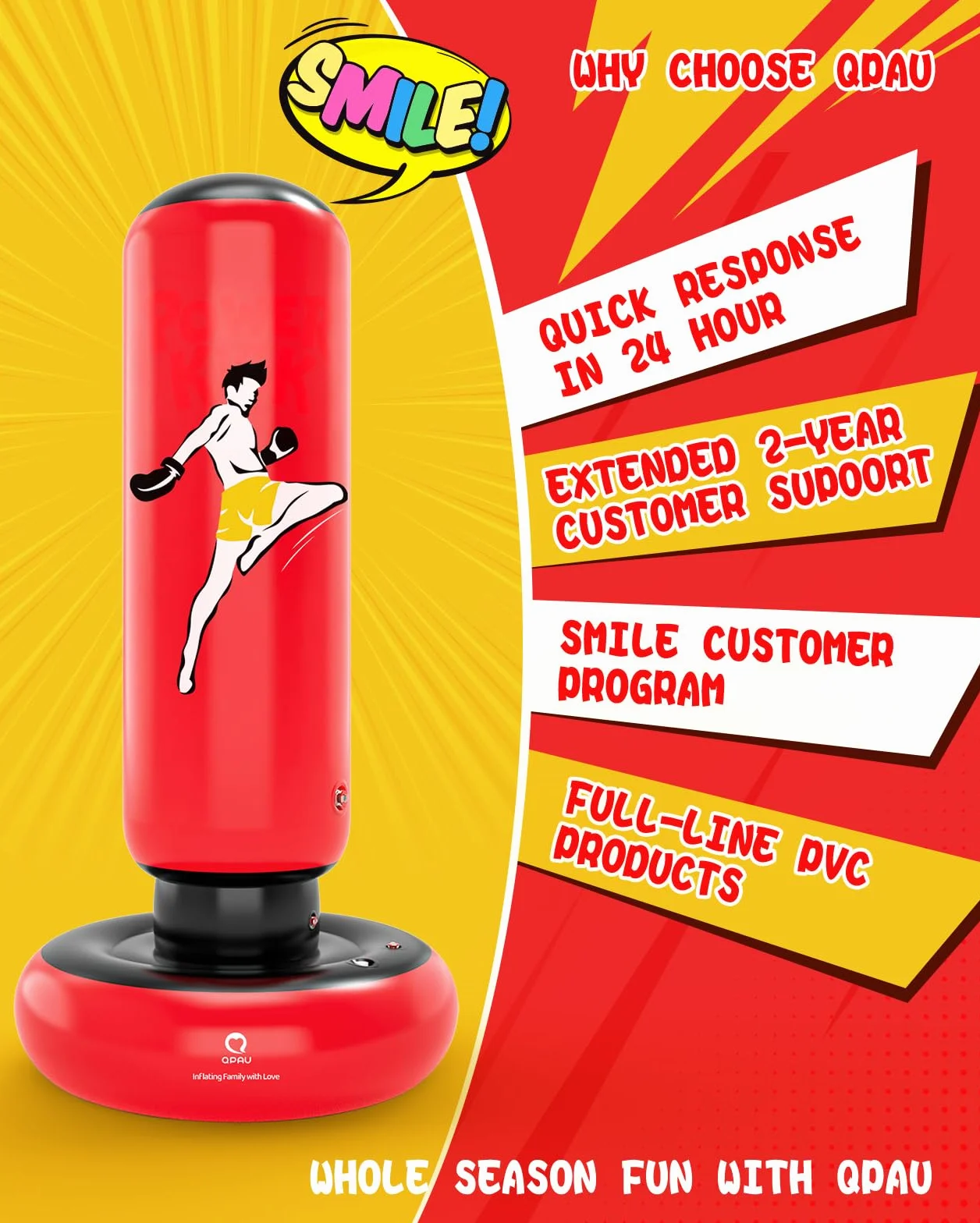 Saco de boxeo para niños con guantes, 66 pulgadas, inflable, rojo