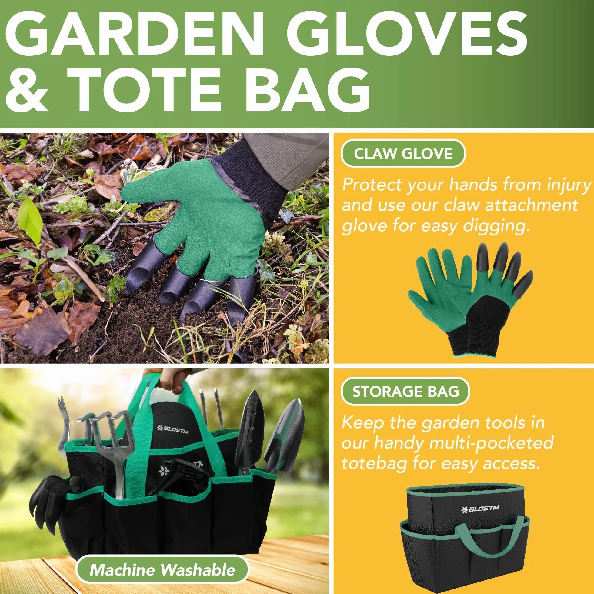 BLOSTM Juego de herramientas de jardinería de 11 piezas, kit de herramientas de jardín resistente con bolsa de mano impermeable, juego de paletas de jardín a prueba de óxido (verde/negro)