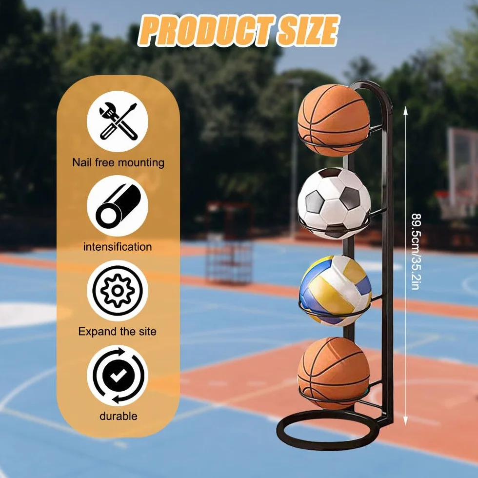 Soporte Vertical para Pelotas 4 Niveles, Estante de Almacenamiento Extraíble para Balones de Fútbol y Baloncesto