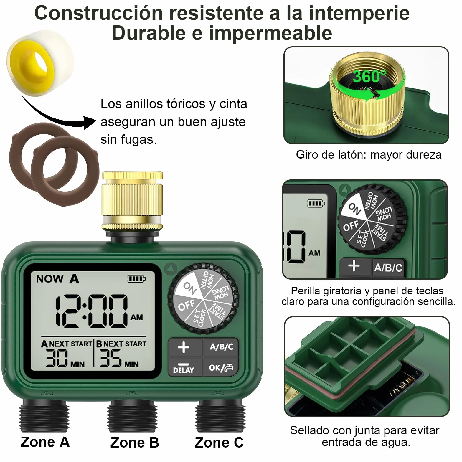 Programador Riego 3 Salidas con Entrada de Latón, Pantalla LCD Grande, Temporizador de Riego Automatico con Retraso por Lluvia, Riego Automático/Manual, Programador de Riego para Jardín Césped