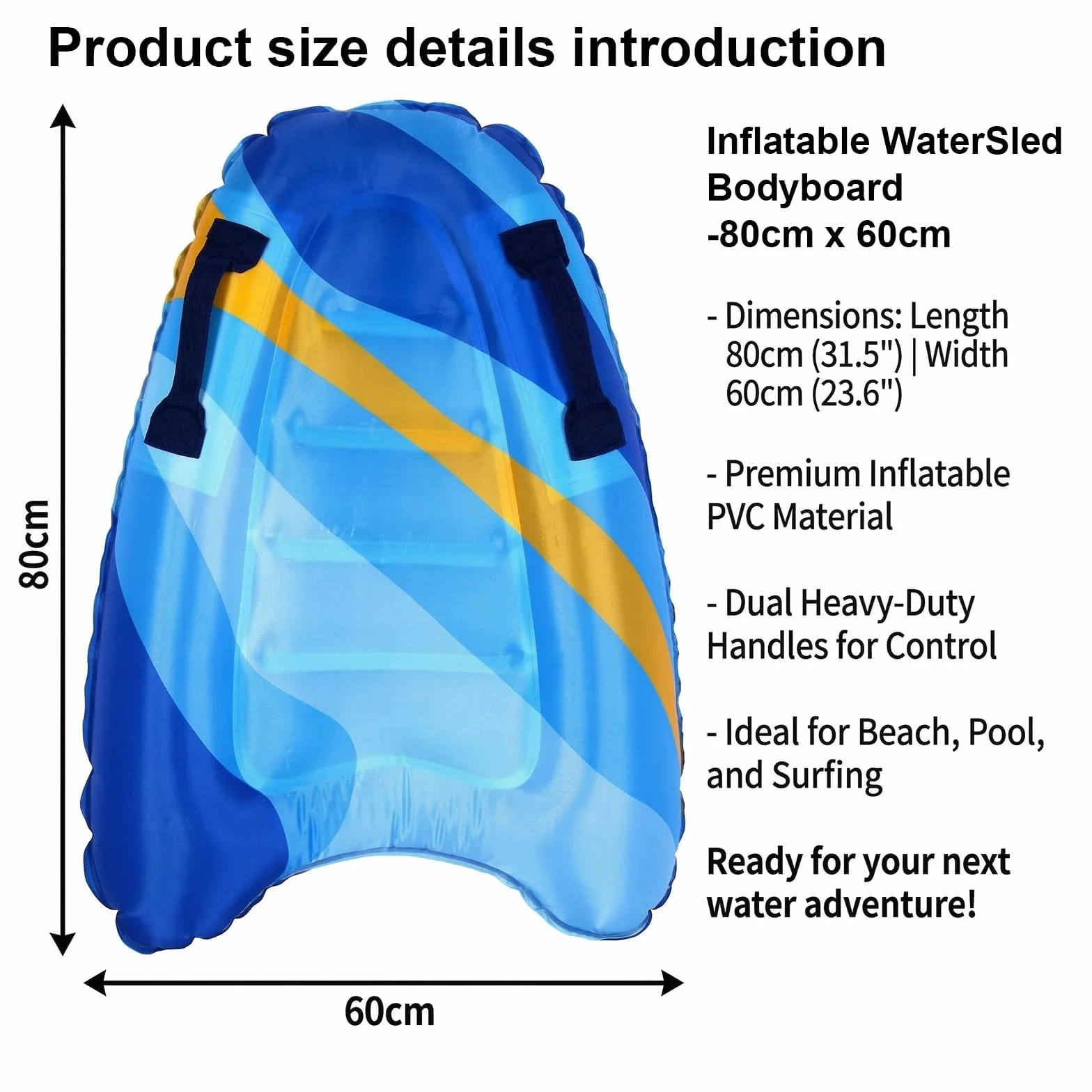 RANJIMA Tabla de bodyboard inflable ligera portátil con asas para surf playa piscina natación