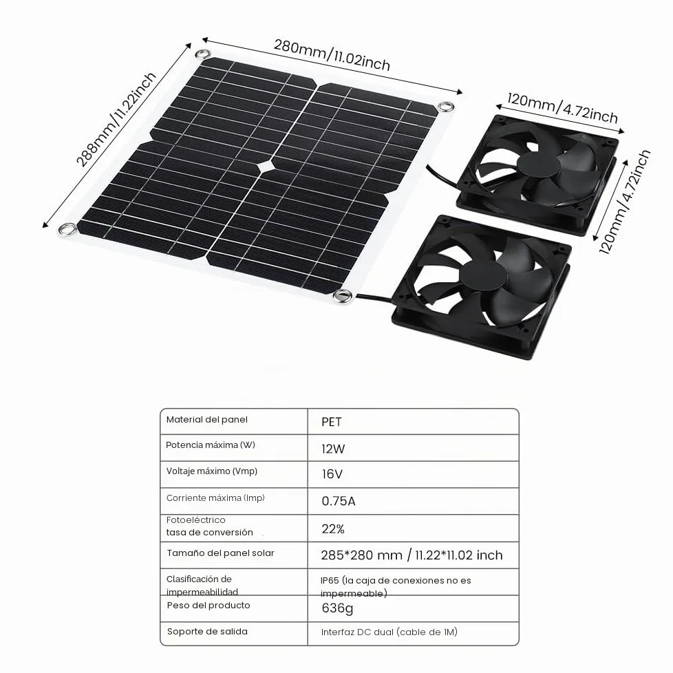 Kit de Ventilador Dual de Panel Solar 12W Resistente a la Intemperie para Gallineros