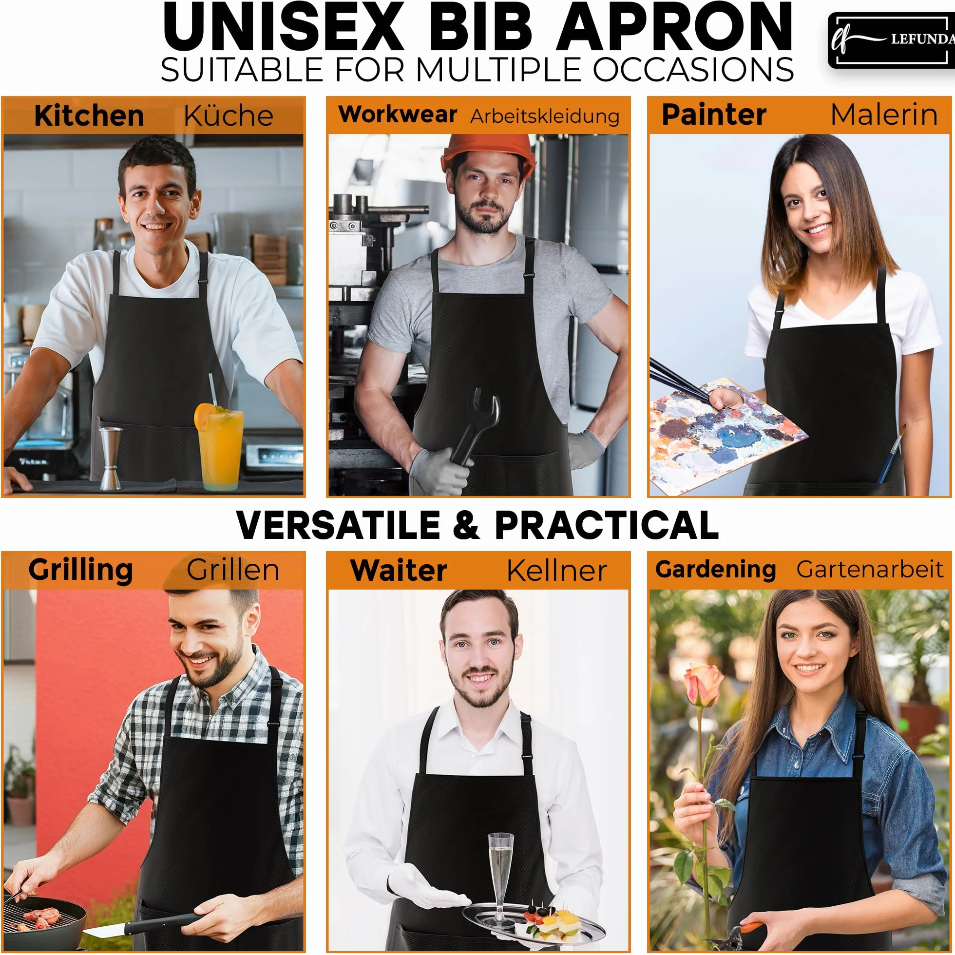 LEFUNDA® Delantal de Cocina Impermeable con 3 Bolsillos Ajustable, Delantal de Barbacoa con Correas Largas, Delantal de Cocina para Hombres y Mujeres, Cocinar, Restaurante, Café, Hornear (Negro)