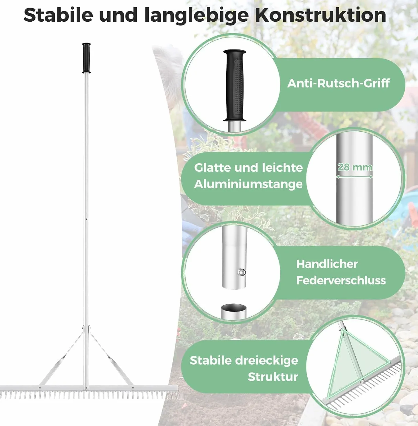 FANTASK Rastrillo de Jardín con Mango Largo, Aluminio, 91 cm, 36 Dientes