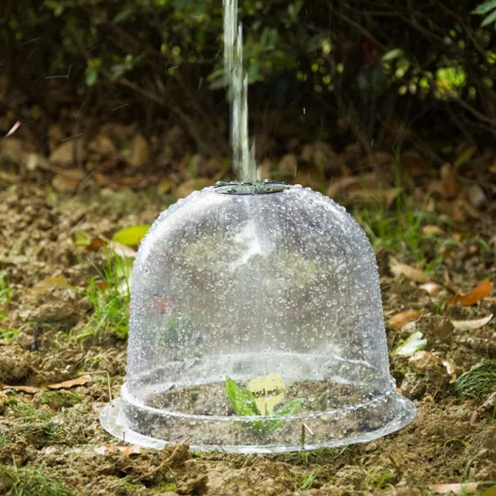 TopHomer Paquete de 10 campanas de jardín – 26 x 21 cm, cubierta transparente para campana con 10 etiquetas para plantas y 18 clavijas, protector de congelación para calentar plantas en crecimiento
