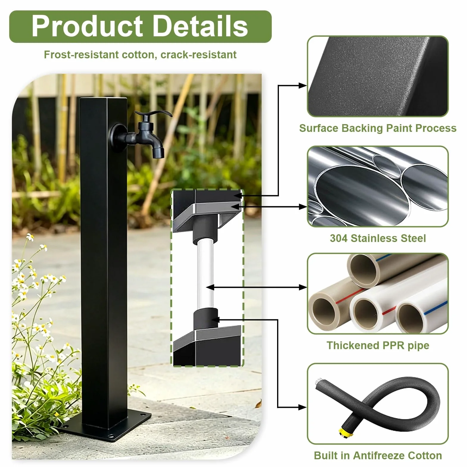 Columna de agua para exterior con grifo, grifo de jardín de acero inoxidable 304 con soporte para manguera, grifos para patio resistente a la congelación y al óxido(Height: 95cm/37.4in)