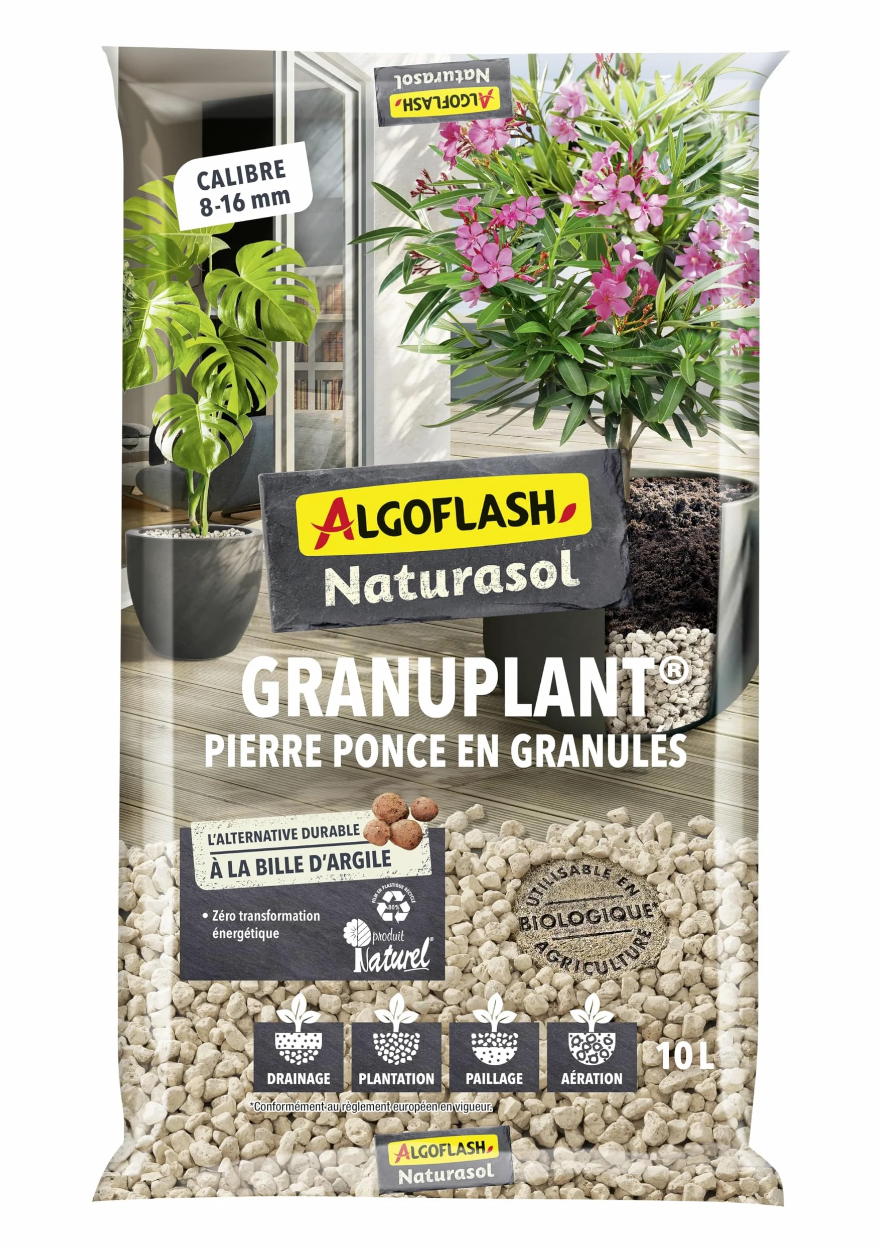 Algoflash Naturasol Granulado de drenaje y plantación – Piedra pómez 100% natural – Alternativa duradera a la bola de arcilla – 10 l