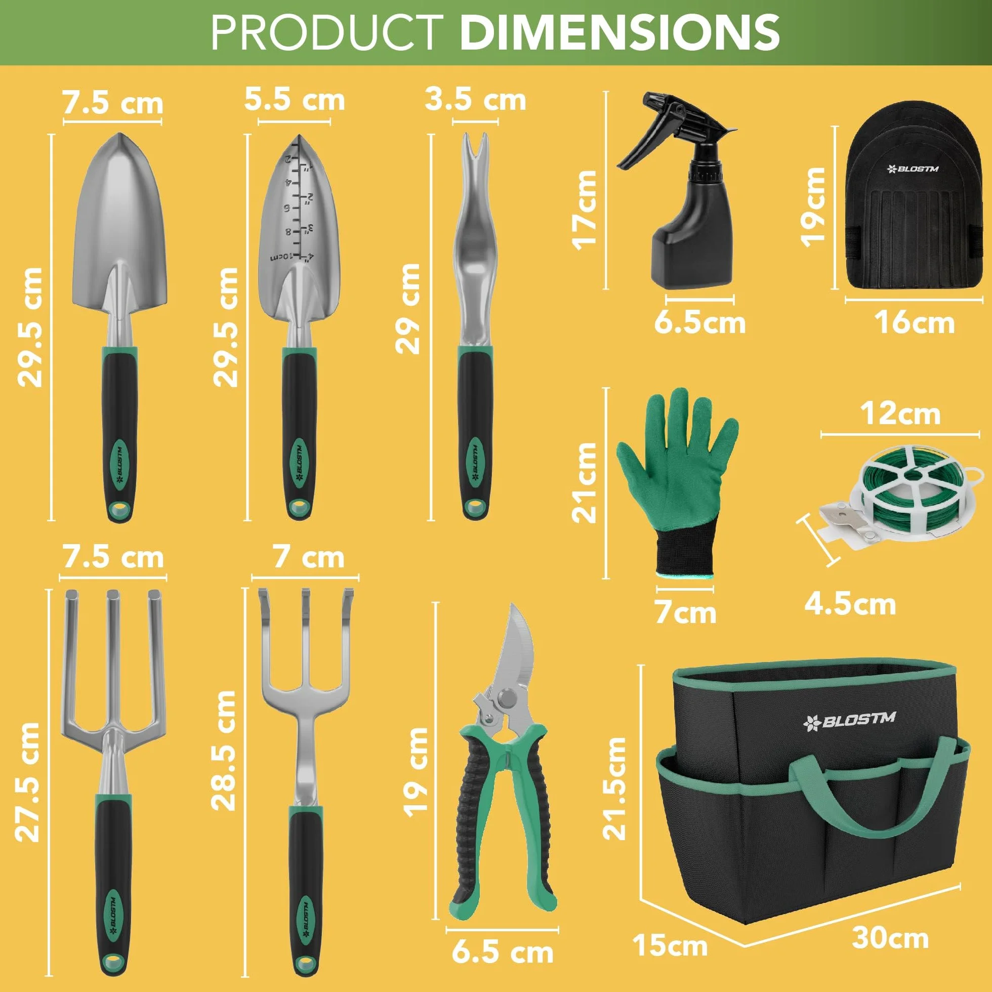 BLOSTM Juego de herramientas de jardinería de 11 piezas, kit de herramientas de jardín resistente con bolsa de mano impermeable, juego de paletas de jardín a prueba de óxido (verde/negro)