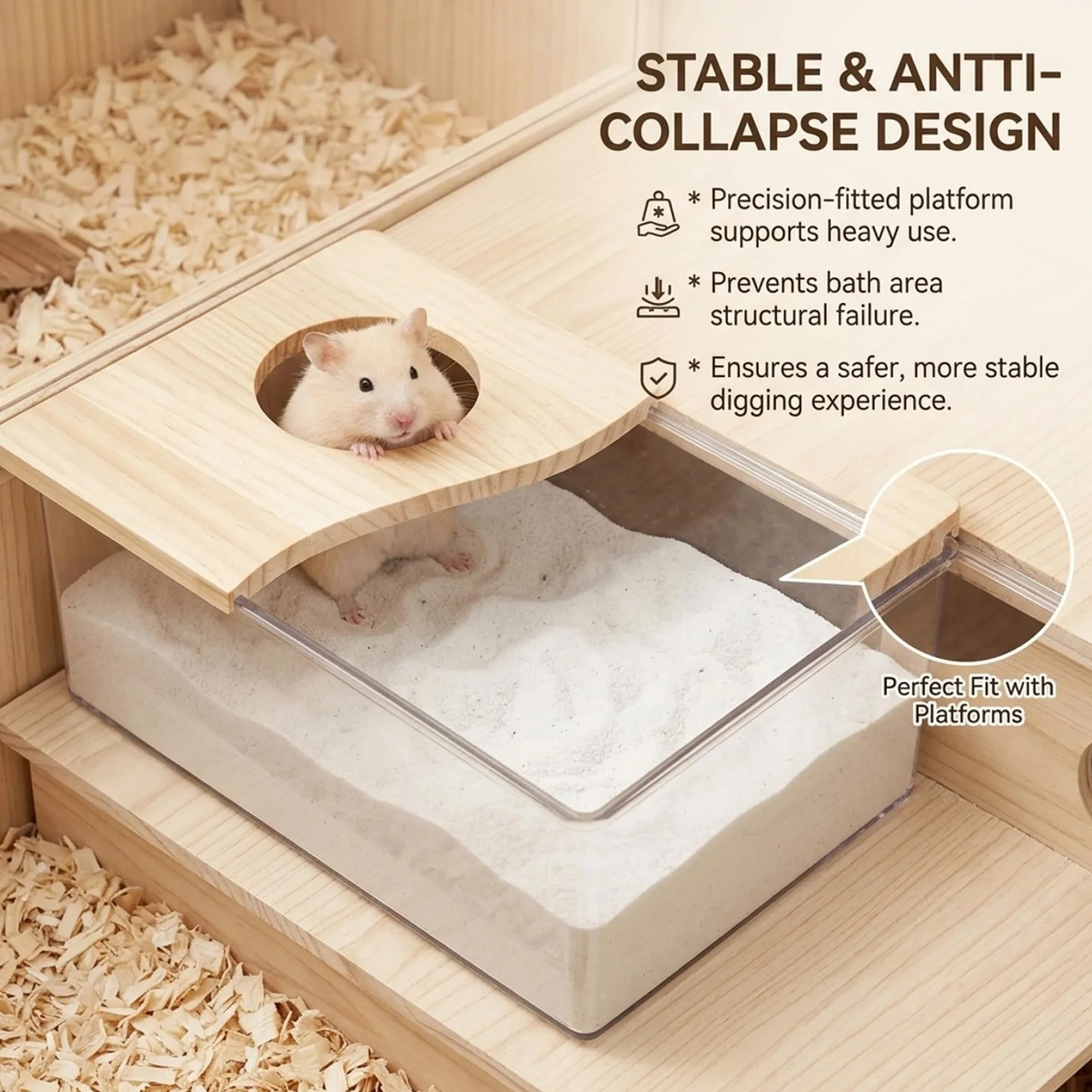 Caja de arena para hámster, cubierta de madera, caja de excavación de hámster de acrílico transparente para mascotas pequeñas, ahorra espacio, fácil de limpiar, contenedor estable para hámsteres, j