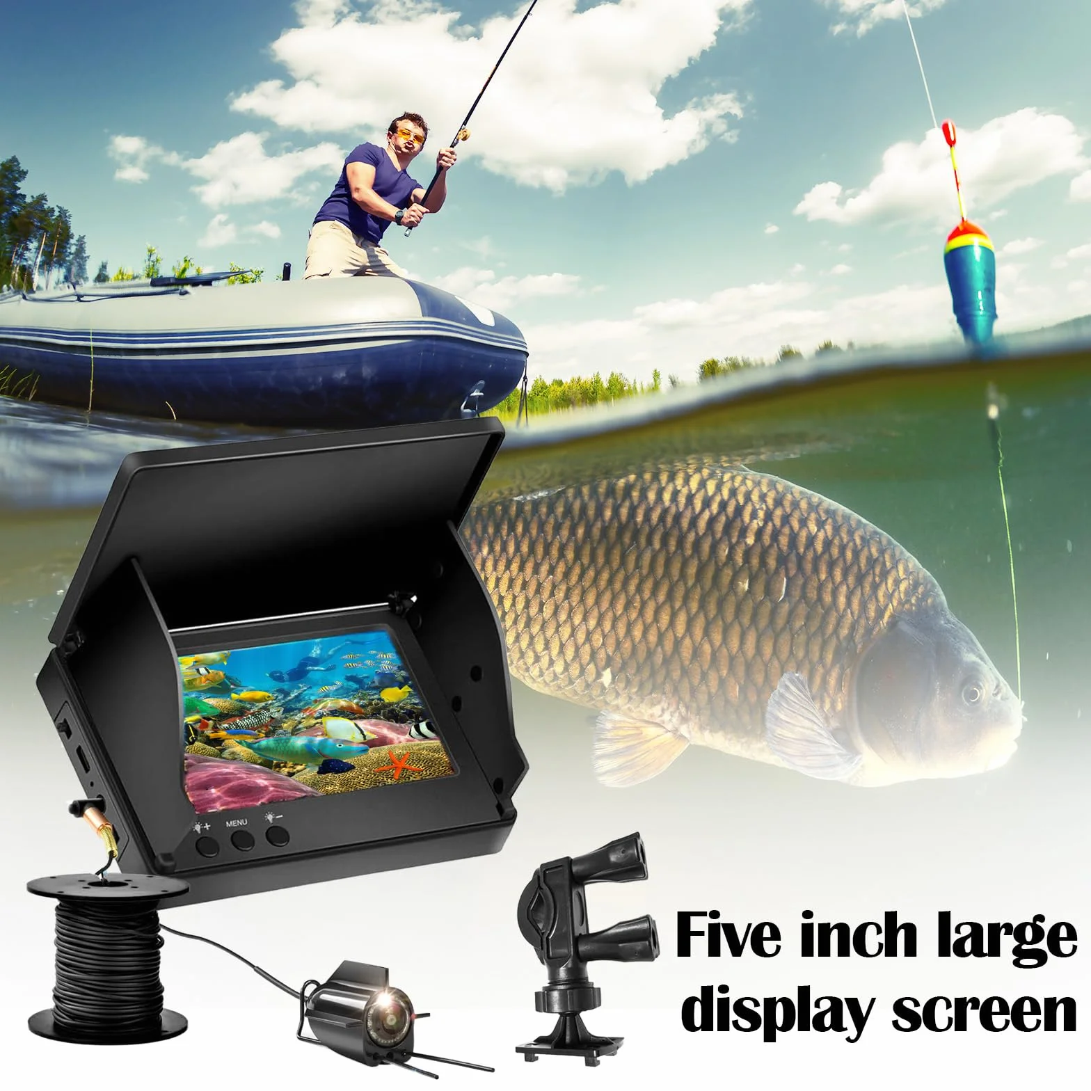 Cámara de Pesca Submarina IP65 Impermeable 5" Pantalla IPS 8000 mAh 30M Cable 220° Visión Nocturna Gran Angular