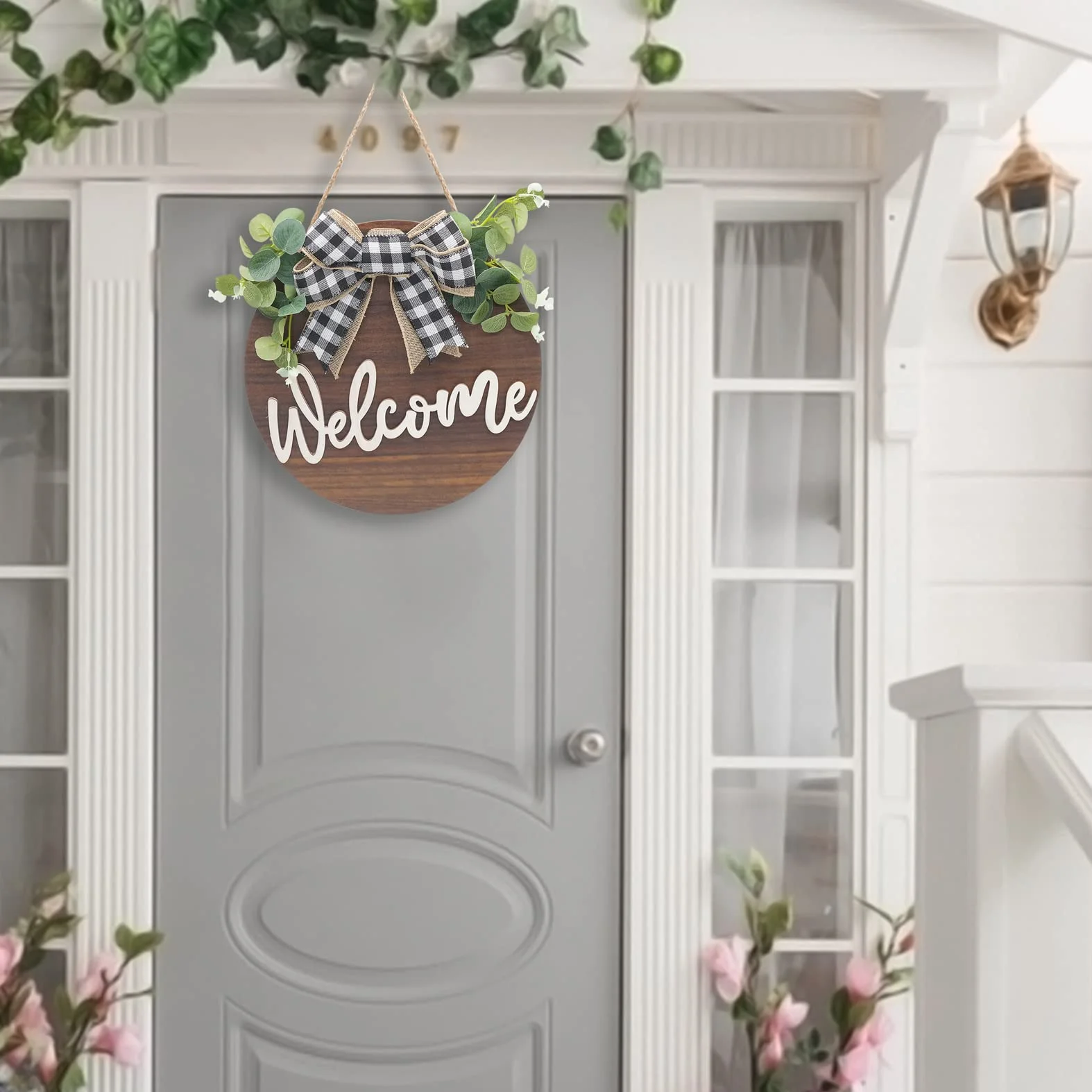 Letrero de Bienvenida Puerta Frontal Señal Madera Redonda Colgante Coronas de Bienvenida con Lazo y Flores para Casa de Campo Porche Decoración de La Puerta Delantera, 30 x 30 cm