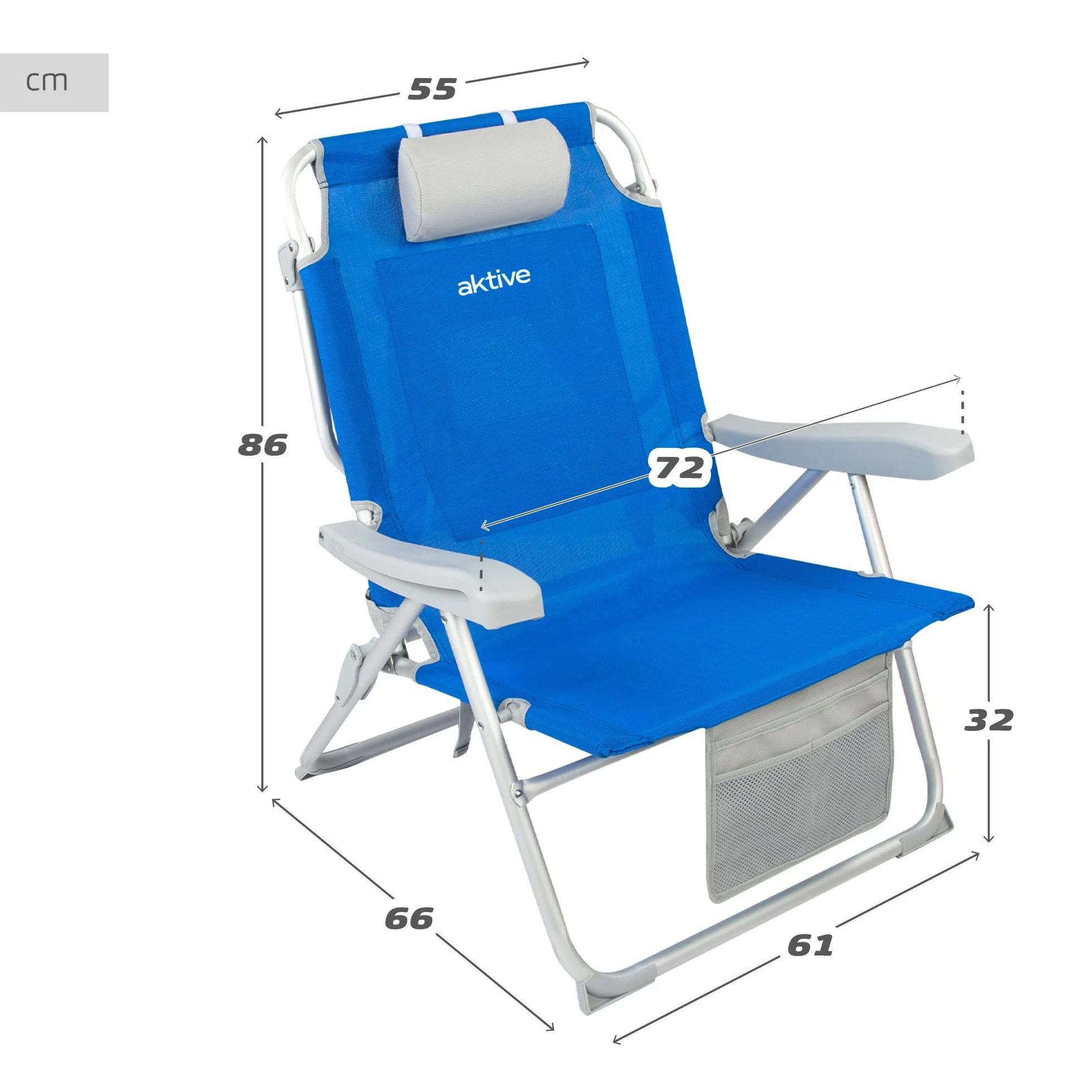 Aktive 62633 - Silla playa plegable y reclinable 5 posiciones, Silla portátil plegable 55x67,5x86cm, Incluye cojín, 1 bolsillo, 1 bolsa con cremallera y topes antivuelco, Sillas de playa