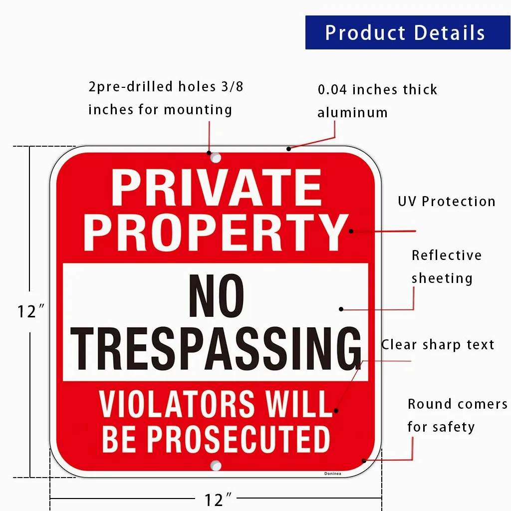 Letrero grande (4 unidades) de propiedad privada con texto en inglés "No Trespassing", de metal resistente, aluminio reflectante, violators Will Be Prosecuted, al aire libre, resistente a la