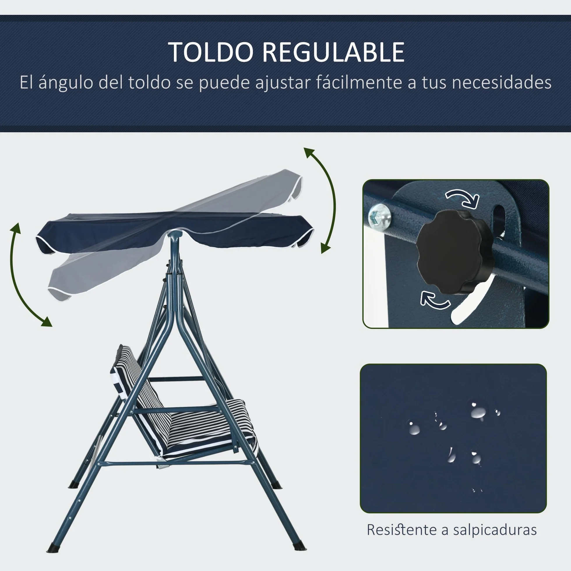 Outsunny Columpio de Jardín Exterior de 3 Plazas, Balancín de Jardín Exterior con Techo Ajustable y Marco de Acero, para Balcón, Terraza, Patio, Carga 240 kg, 172x110x153 cm, Raya Azul