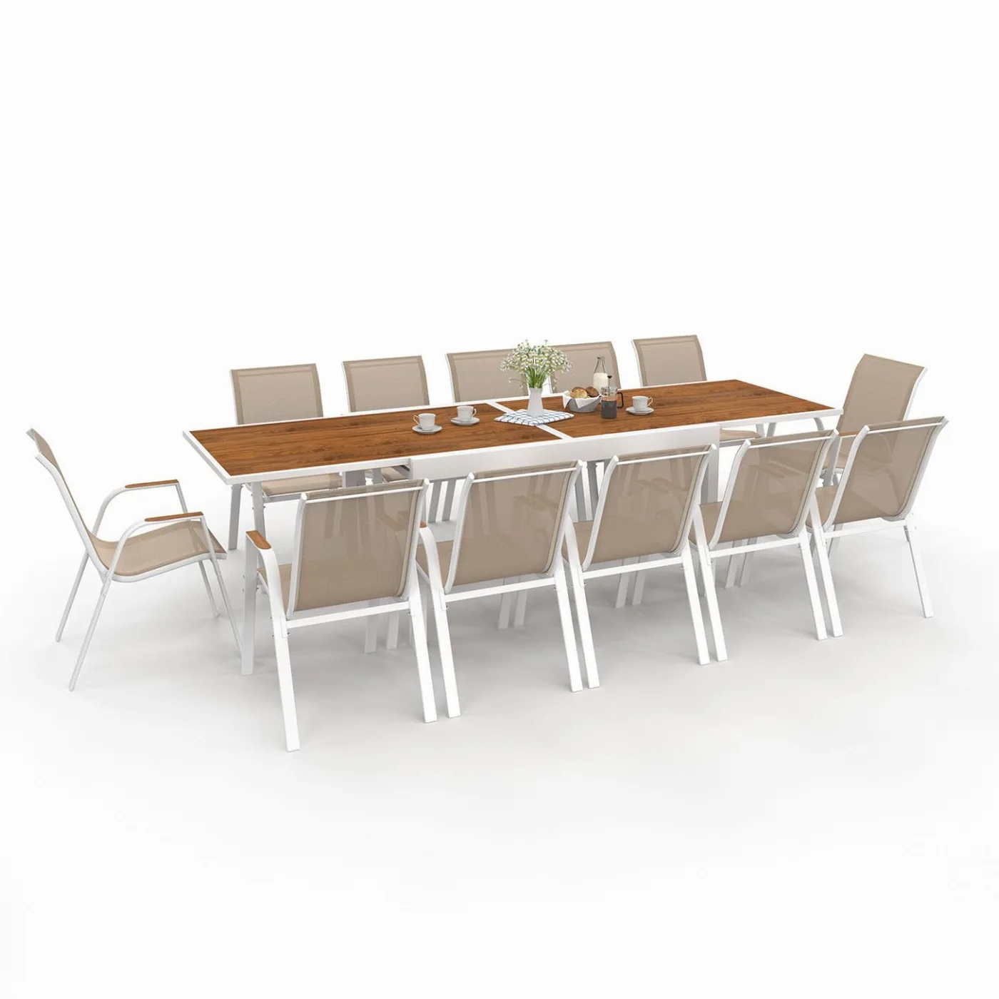 IDMarket - Salón de jardín NOUMEA Mesa extensible 135/270 cm, tablero de vidrio templado con efecto de madera y 12 sillas apilables, blanco y madera
