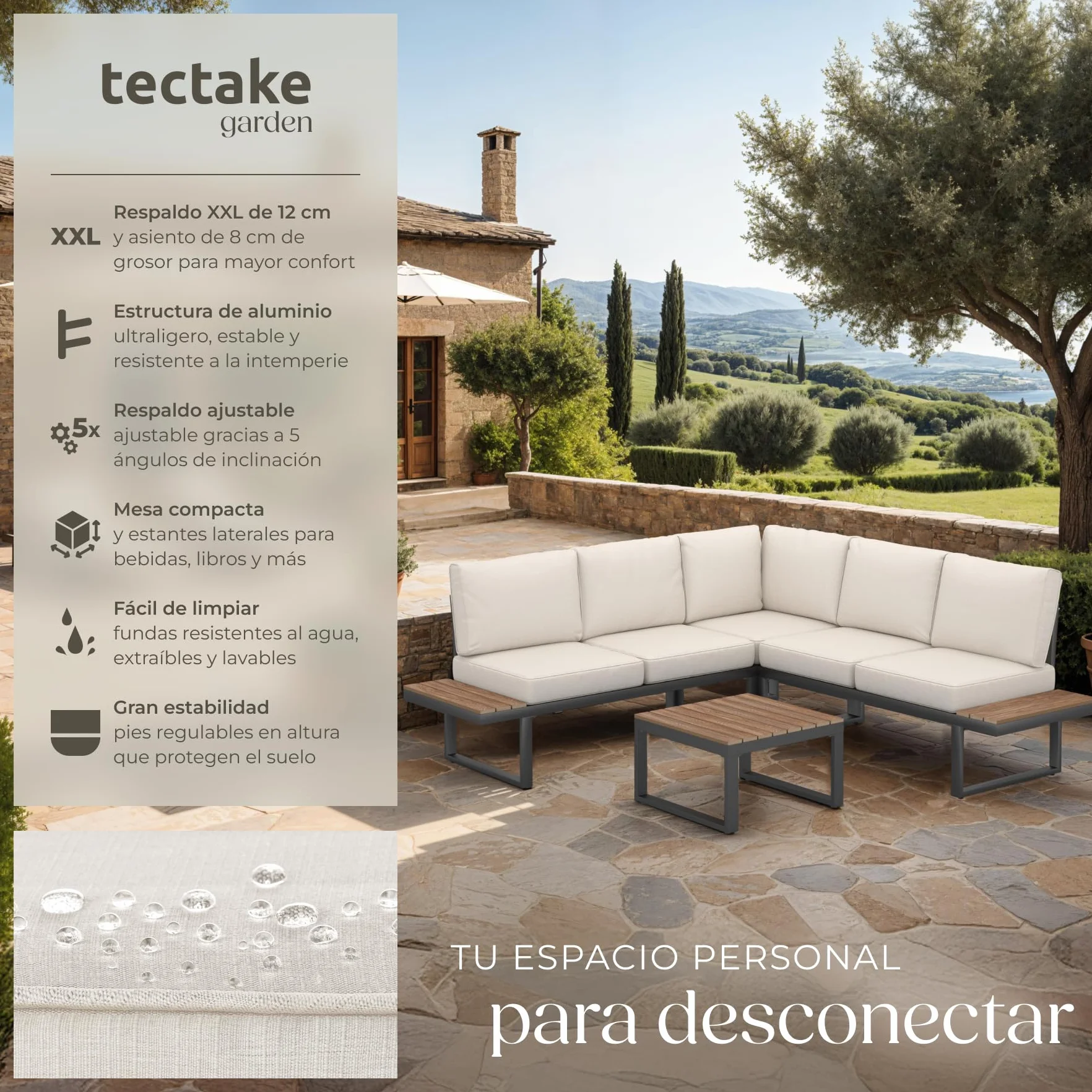 tectake® Conjunto de Muebles Jardin Exterior 4 Piezas, sofá Exterior, Aluminio Resistente a la Intemperie, Cojines extragruesos, Fundas extraíbles, Conjunto Jardin Exterior - Negro