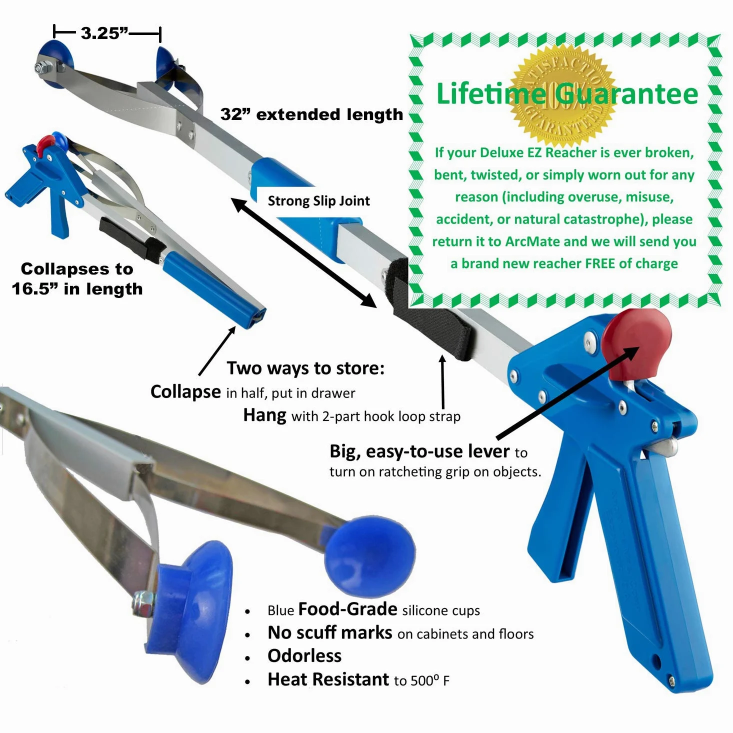 ArcMate EZ Reacher Deluxe - Grabador de alcance para interiores con bloqueo de 26 cm con capacidad de recogida de 5 libras y agarre plegable de lujo EZ Reacher de 42 pulgadas con capacidad de recogida