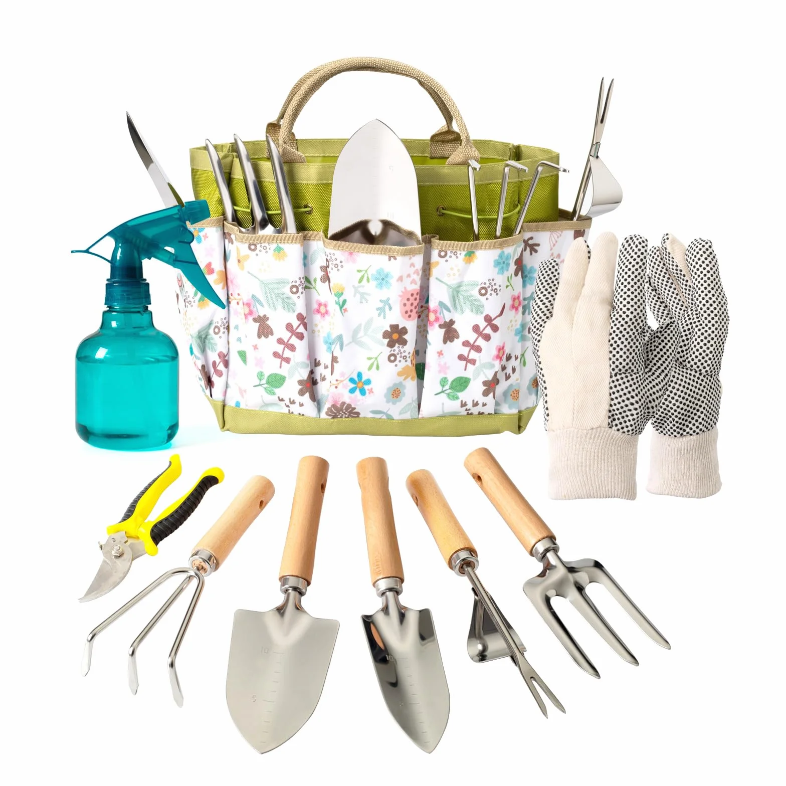 Bamworld Juego de Herramientas de Jardinería 9 Piezas, Kit Jardinería y Set Jardín de Acero Inoxidable con Bolsa, Guantes, Pulverizador, Pala, Tijeras de Podar, Rastrillo para Macetas y Huerto