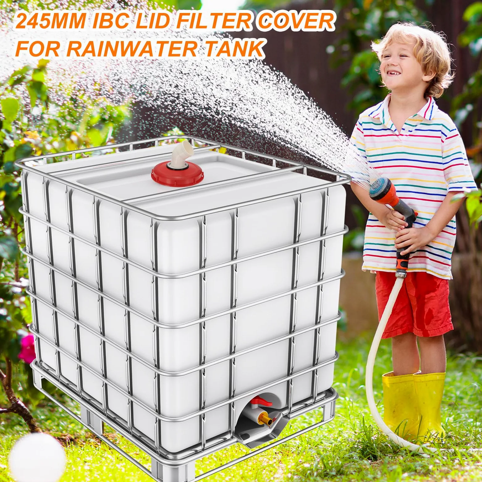 PATIKIL 45° IBC Tapa Filtro Cubierta 245mm Plástico Ton Barril Cubierta con Lavable Nylon Filtro IBC Manijas Manguera Adaptador para Lluvia Tanque 1000L IBC Tanque Rojo Blanco