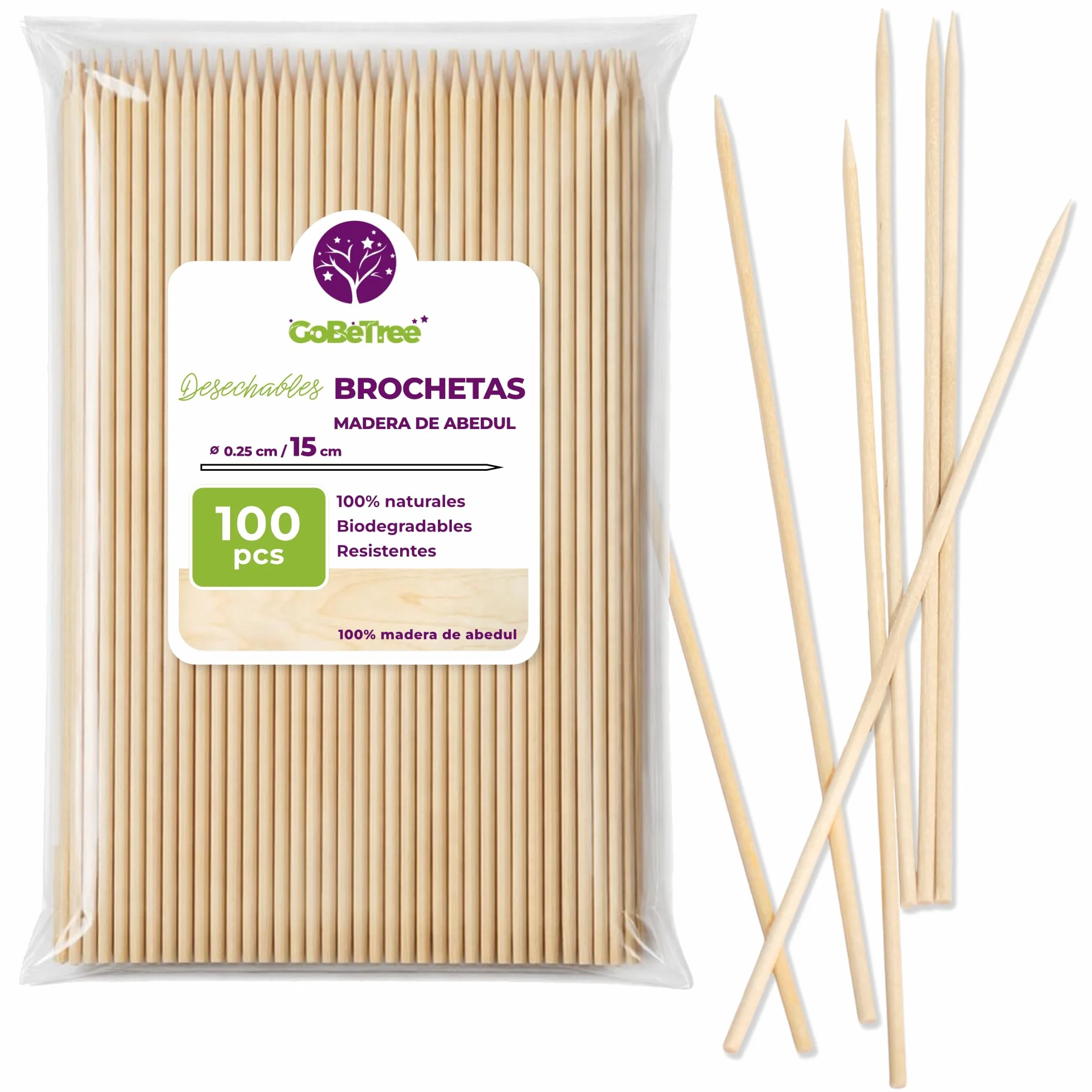 100 Pinchos de Madera de Abedul 15 cm x 2,5 mm | Palillos Extra Resistentes para Brochetas, Barbacoa, Carne y Frutas | Palos Ecológicos Multiusos para Manualidades