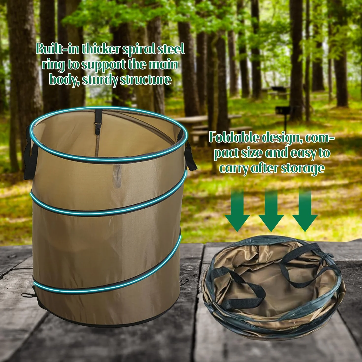 Tissting Bolsas de Basura Sacos de Jardín, 38L 34cm Saco de Jardín Tela Oxford Bolsa Jardin Plegable Bote de Basura para Acampar para Hojas, Restos de Poda y Residuos de Plantas Verde Militar