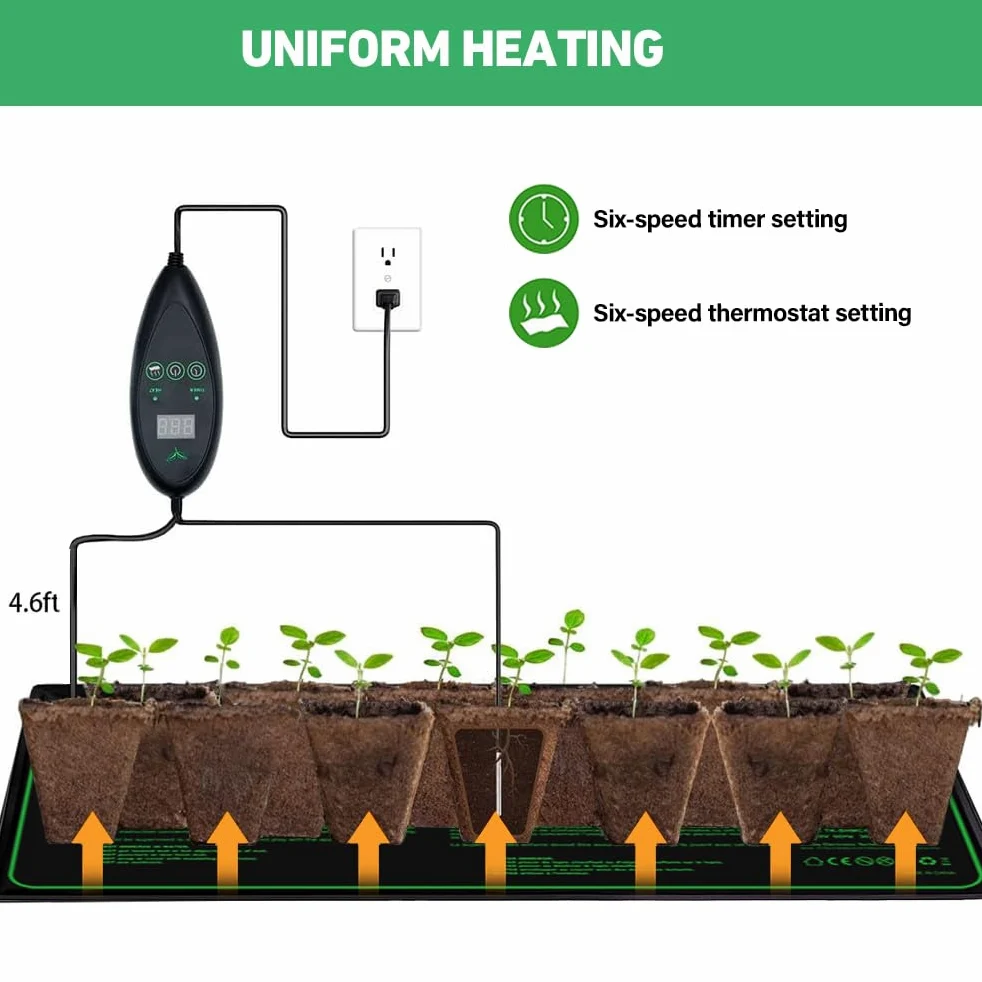 Estera Calefactora para Plantas, Alfombrilla de Calor con Termostato, 20x10 Pulgadas, Negro