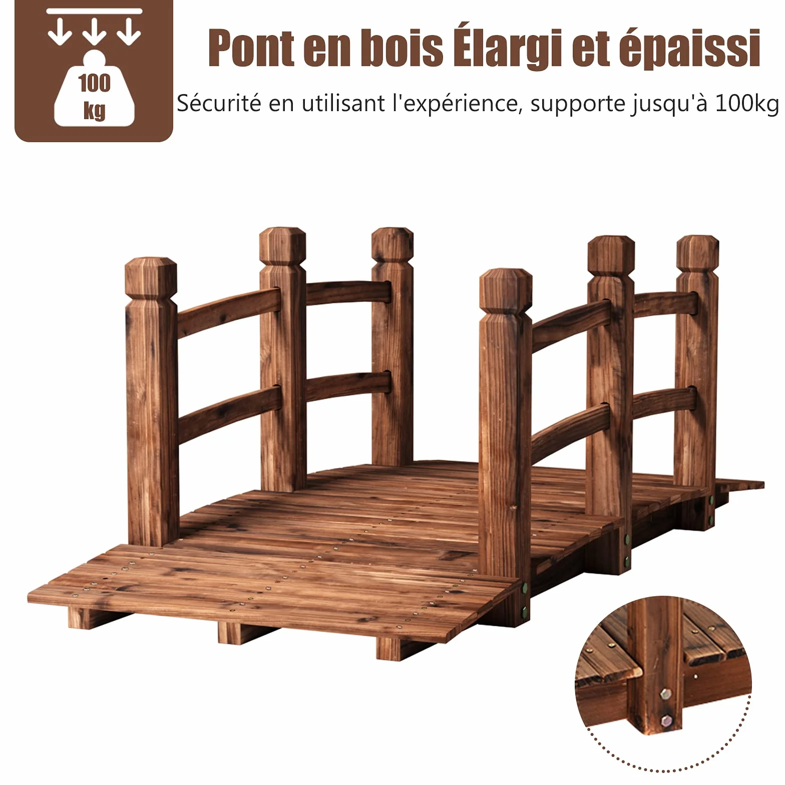 GOPLUS Puente de Madera rústico y Macizo, con Mano Corriente, decoración de jardín, Puente de Estanque, soporta un Peso máximo 100 kg, 150 x 67 x 55 cm (marrón)