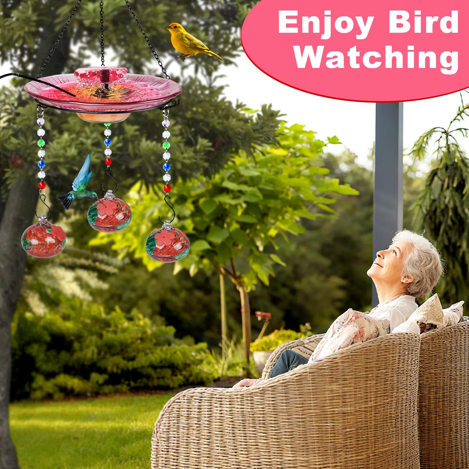 Headak Life Comedero de colibrí de vidrio soplado a mano para exteriores y baño de pájaros, 2 en 1 para pájaros pequeños, comedero colgante para colibríes, baño para pájaros para exteriores con bomba