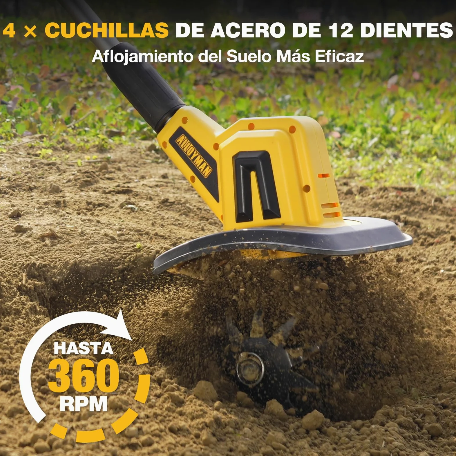 Alloyman Motoazada eléctrica de 20V MAX, cultivador de jardín, 360 RPM, con 2 baterías de 4,0 Ah y Cargador, Ancho de Trabajo de 23 cm, Profundidad de 17 cm, motoazada para Suelos