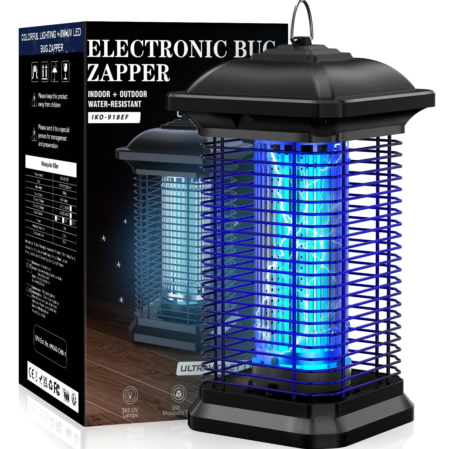 Lámpara Antimosquitos, 18W 4000V Potente Mata Insectos Eléctrico UV, Repelente De Mosquitos para Moscas Alcance 100m² Reducción Eficaz De Los Insectos Voladores para Patio Jardines Patio Trasero