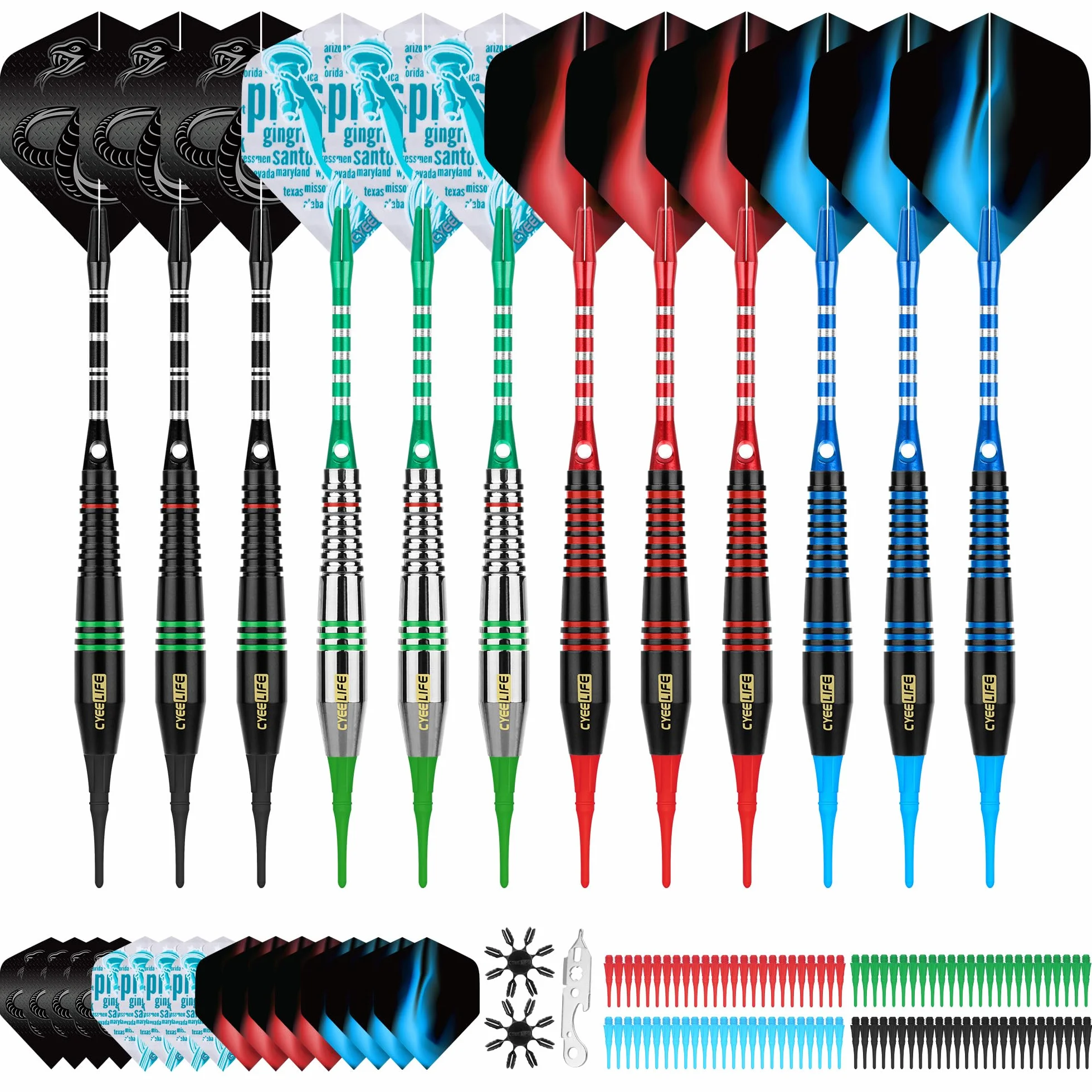 CyeeLife Dardos Punta Plastico para Diana Electronica de Profesionales + 16 Plumas + 12 Ejes Aluminio + 100 Puntas + 2 Protectores (18g)