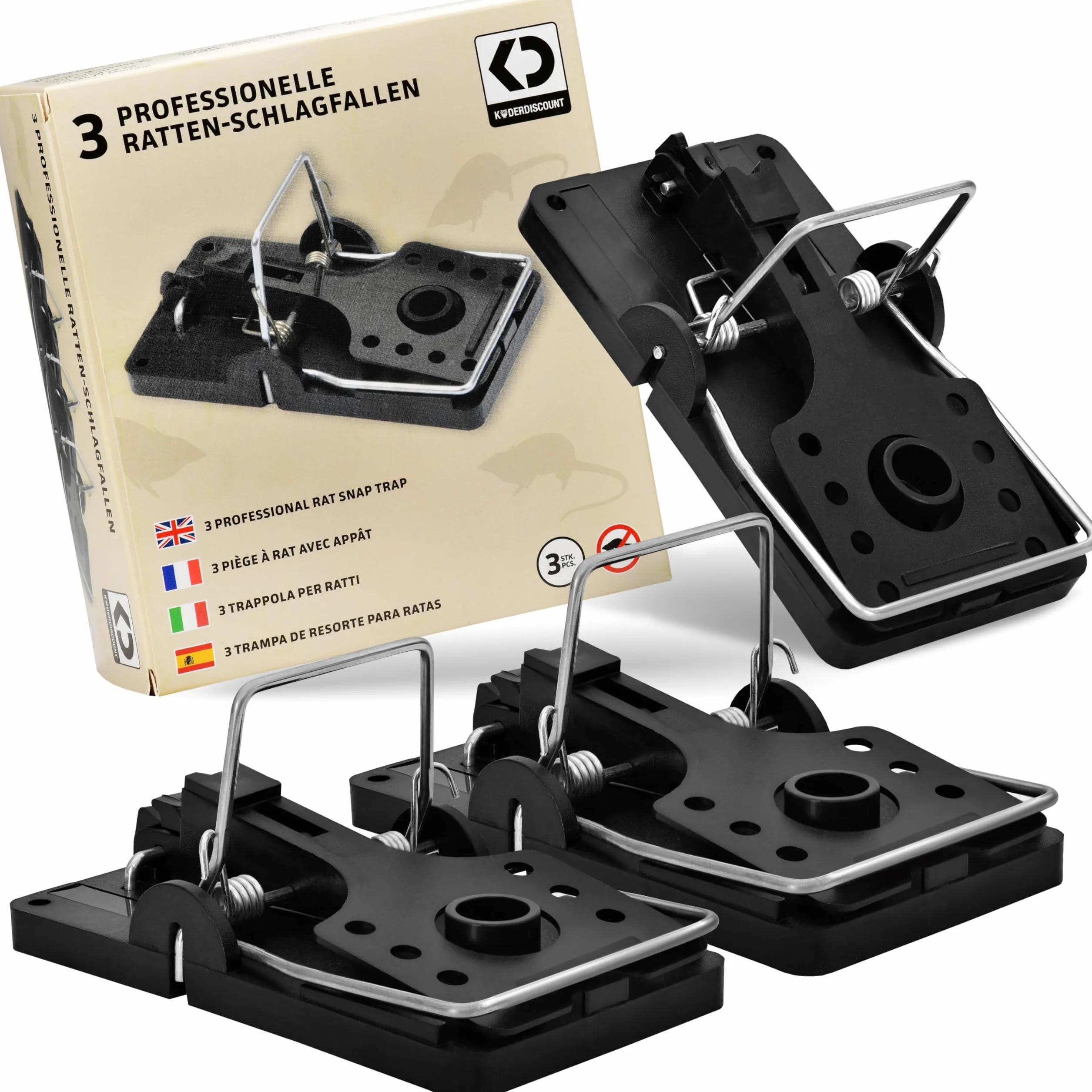 Trampa para Ratas Profesional (Pack de 3) – Trampas mecánicas potentes y reutilizables, sin veneno – Trampa higiénica para ratas para interior y exterior
