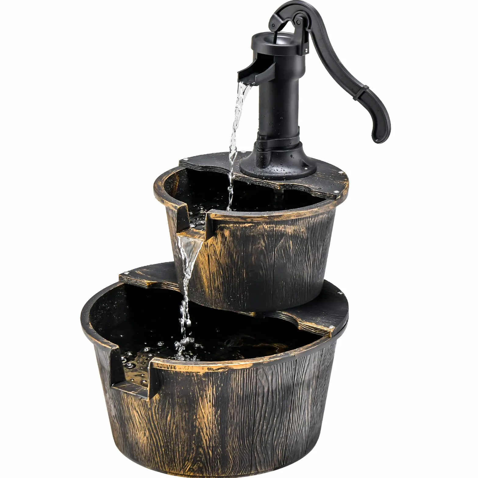 COSTWAY Fuente de Cascada de Barril al Aire Libre de 2 Niveles, Rústica con Bomba Ajustable, 68 cm para Jardín, Patio, Decoración
