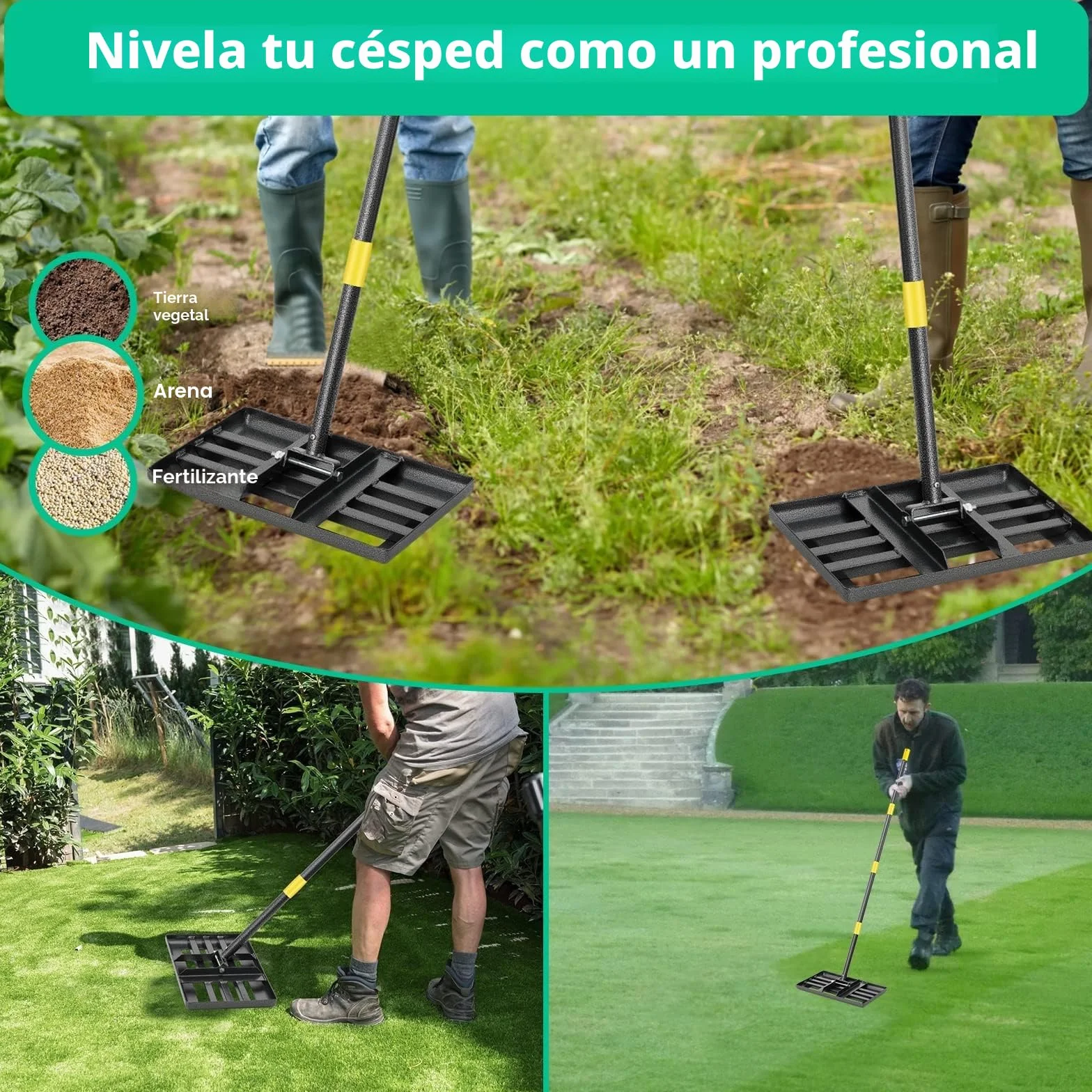 Rastrillo de Metal para Césped, 182 cm, Herramienta para Golf, Rasqueta de Acero Inoxidable, Jardín, Patio Trasero (25 x 43 cm)